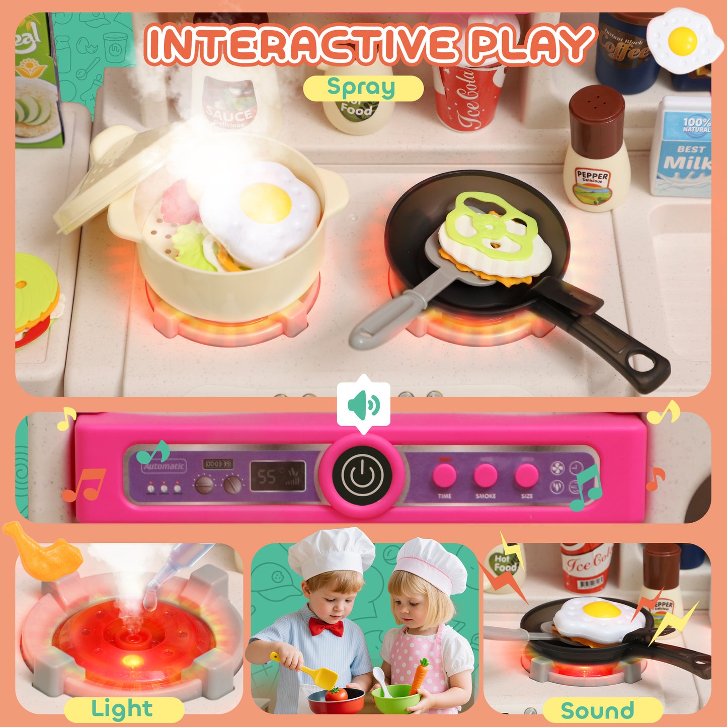 Pretend Play Kitchen Set with Realistic Lights & Sounds