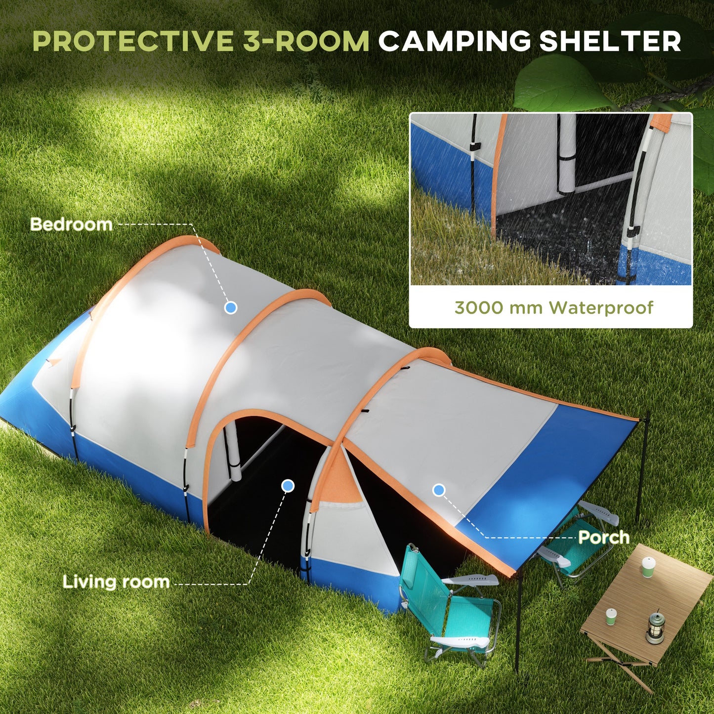 Camping Tent, Large Tunnel Tent with Bedroom and Living Area