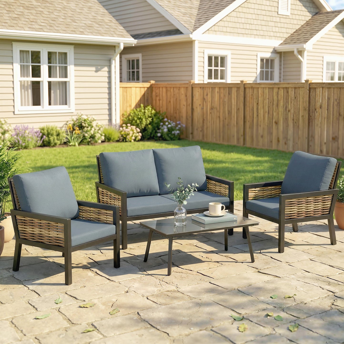 4 Seater Rattan Garden Furniture Set with 2 Armchairs, Loveseat (3)