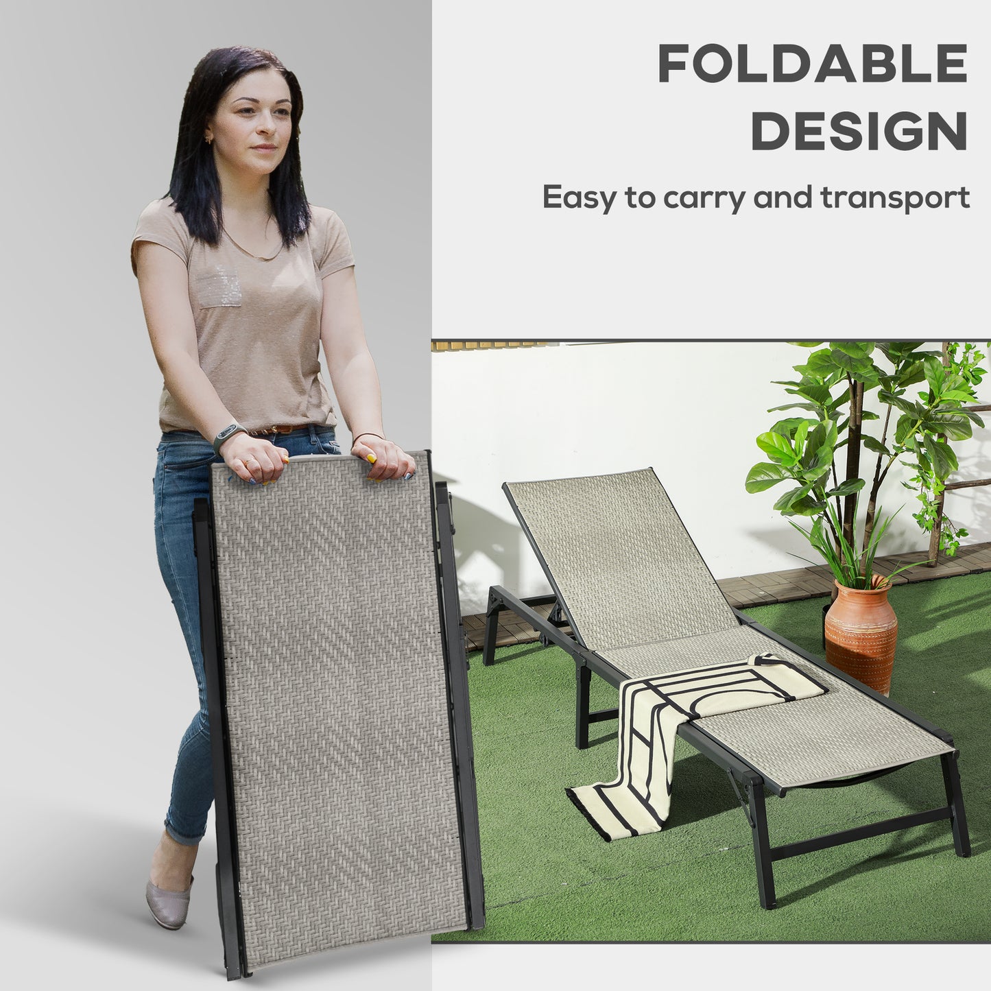 Foldable Outdoor PE Rattan Sun Lounger Set of 2