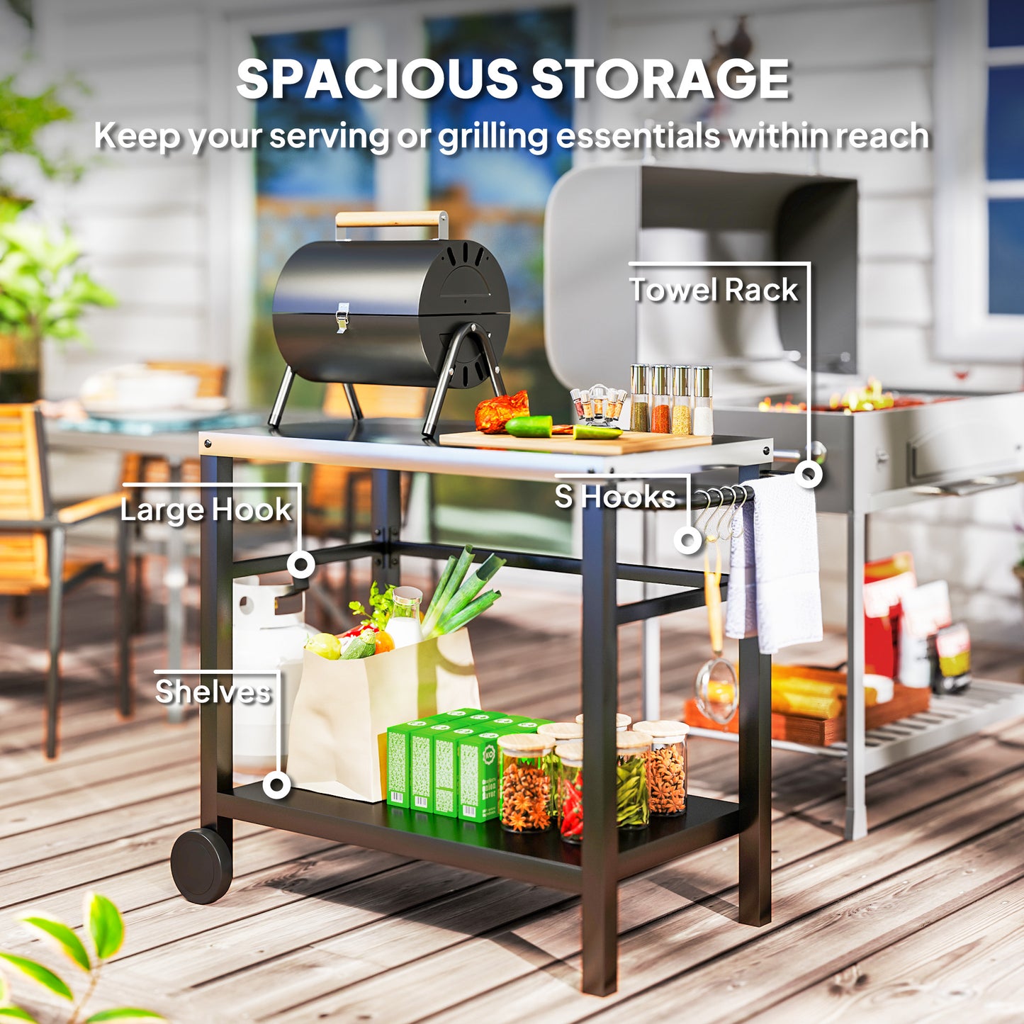 Outdoor Grill Dining Cart 2-Shelf Movable Pizza Oven Table Stand
