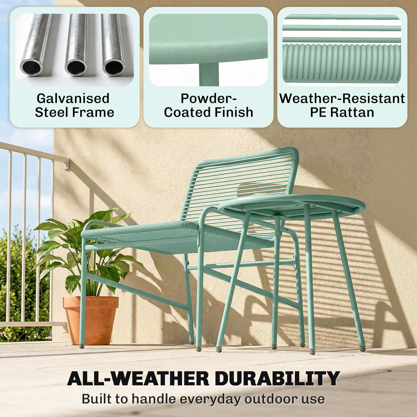 3 Piece Rattan Bistro Set, Outdoor Garden Furniture Set