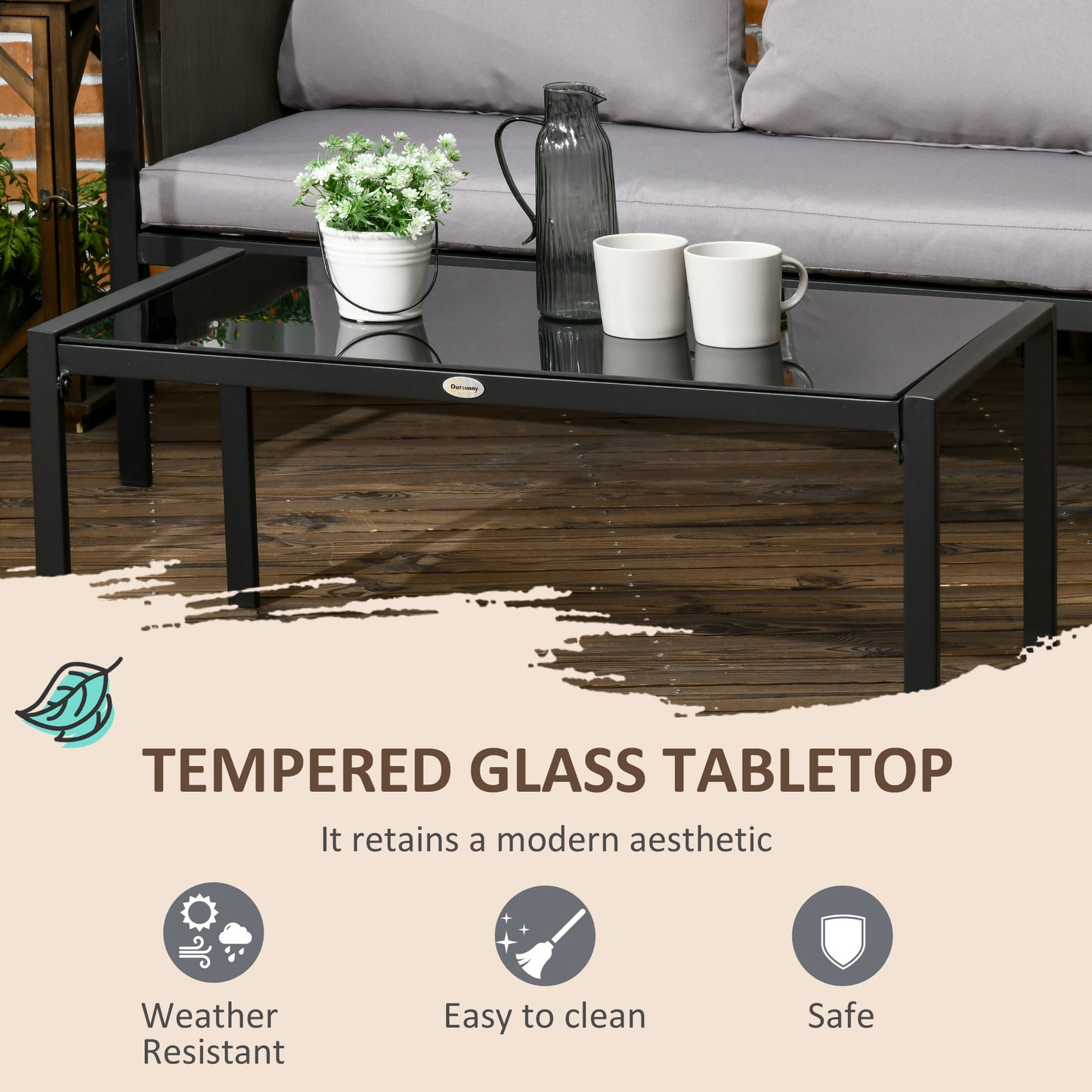 4 Piece Metal Garden Furniture Set with Tempered Glass Coffee Table