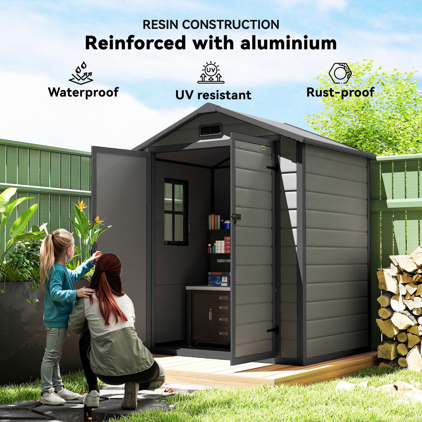 6'x4.5' Garden Storage Shed, Lockable Garden Shed with Double Doors