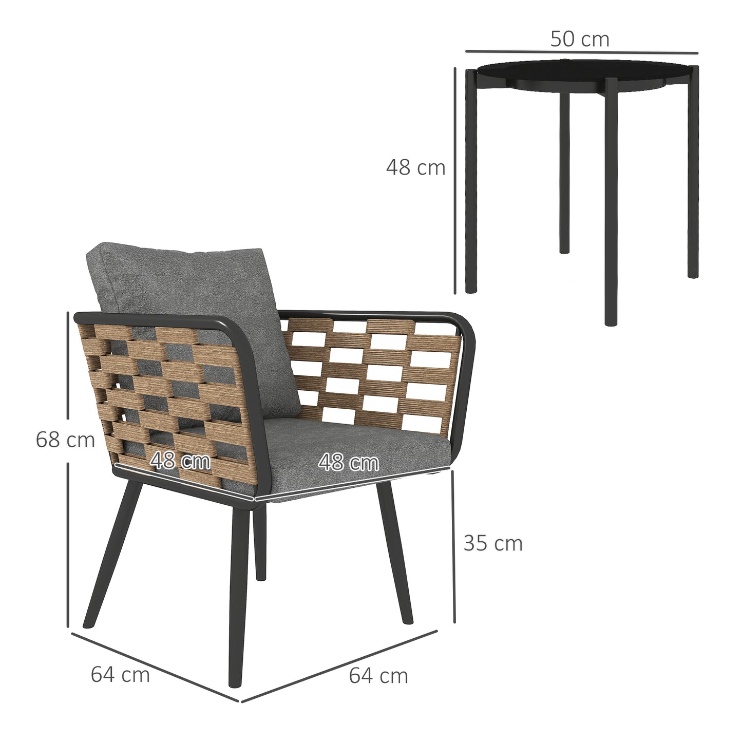 3 Pieces Rattan Bistro Set with Washable Seat and Back Cushions
