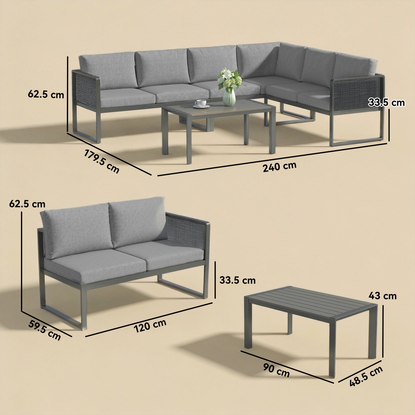 6 Seater Metal Garden Furniture Corner Sofa Set with 3 Loveseats