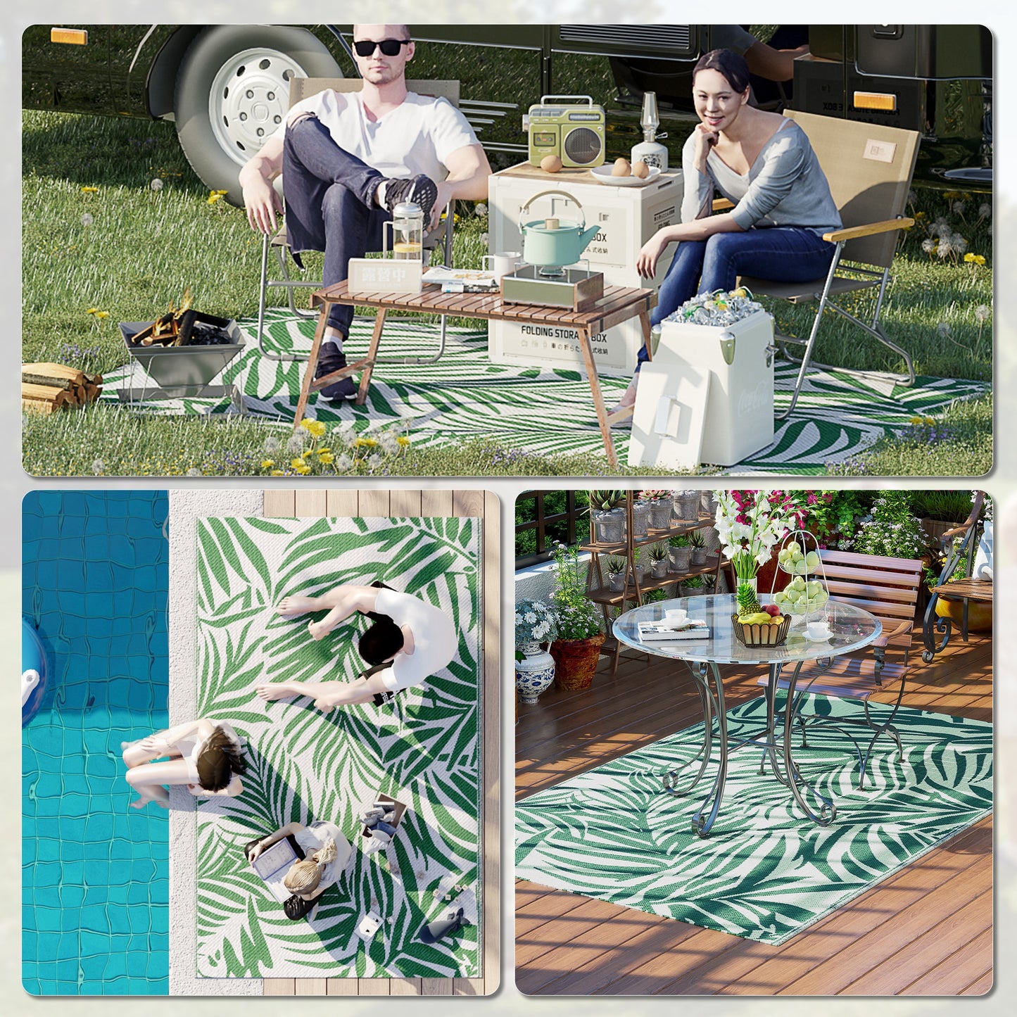 Reversible Outdoor RV Rug, 1.5 x 2.4m Patio Floor Mat