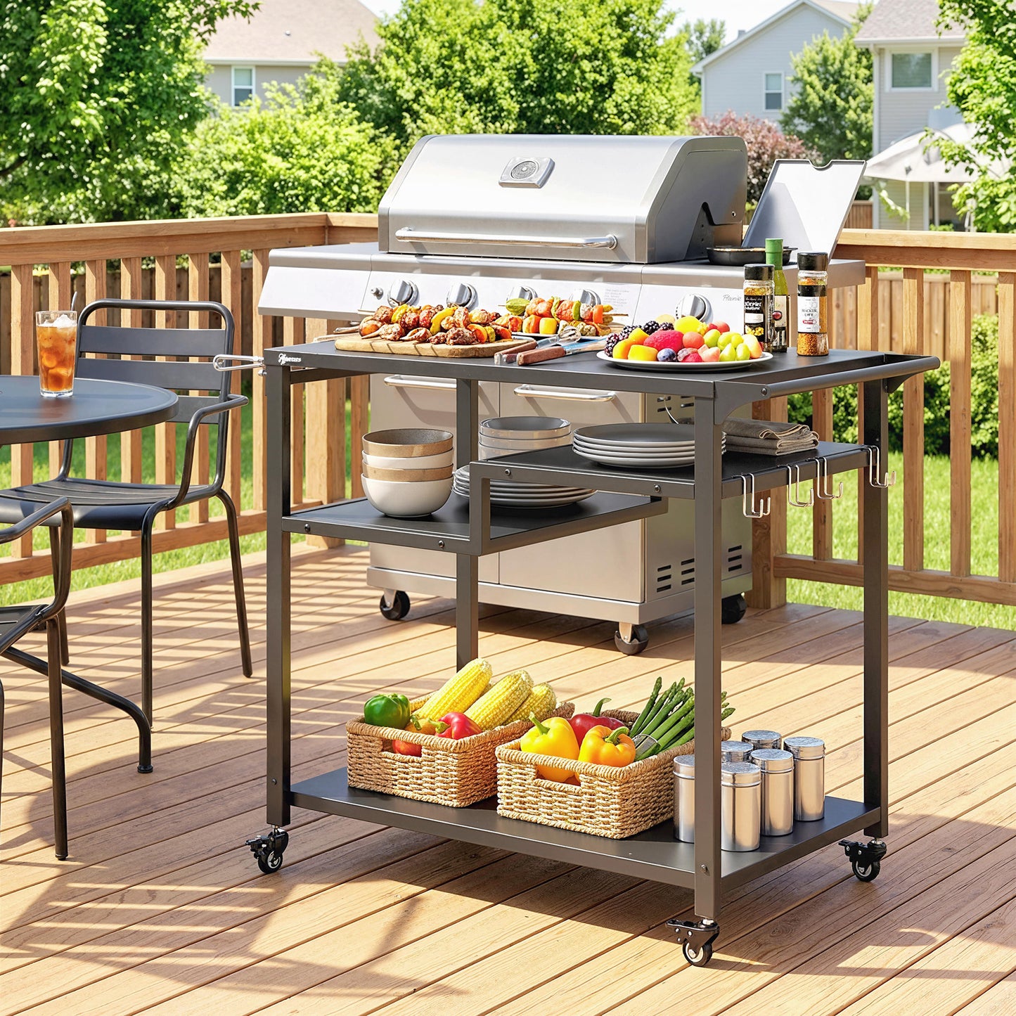 Outdoor Grill Cart, Three-Tier Pizza Oven Stand  with Steel Tabletop