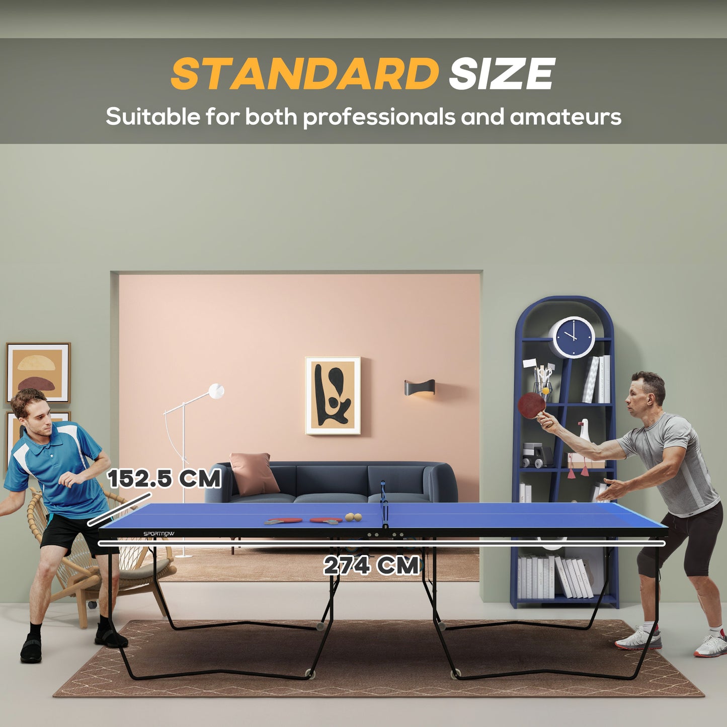 9FT Folding Tennis Table, with 8 Wheels, for Indoor Use