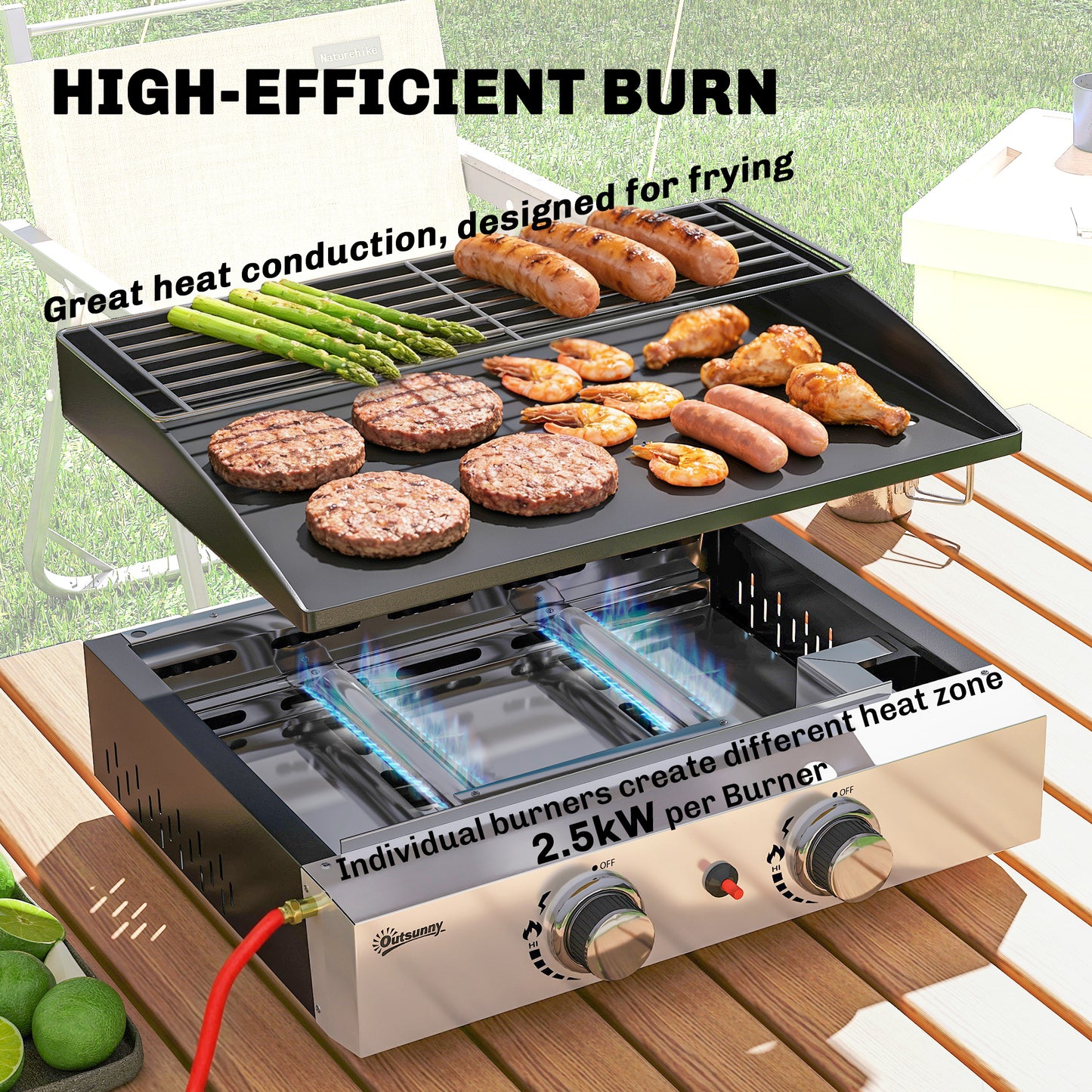 2 Burner Grill Griddle, Portable Gas Plancha with Warming Rack, 5 kW