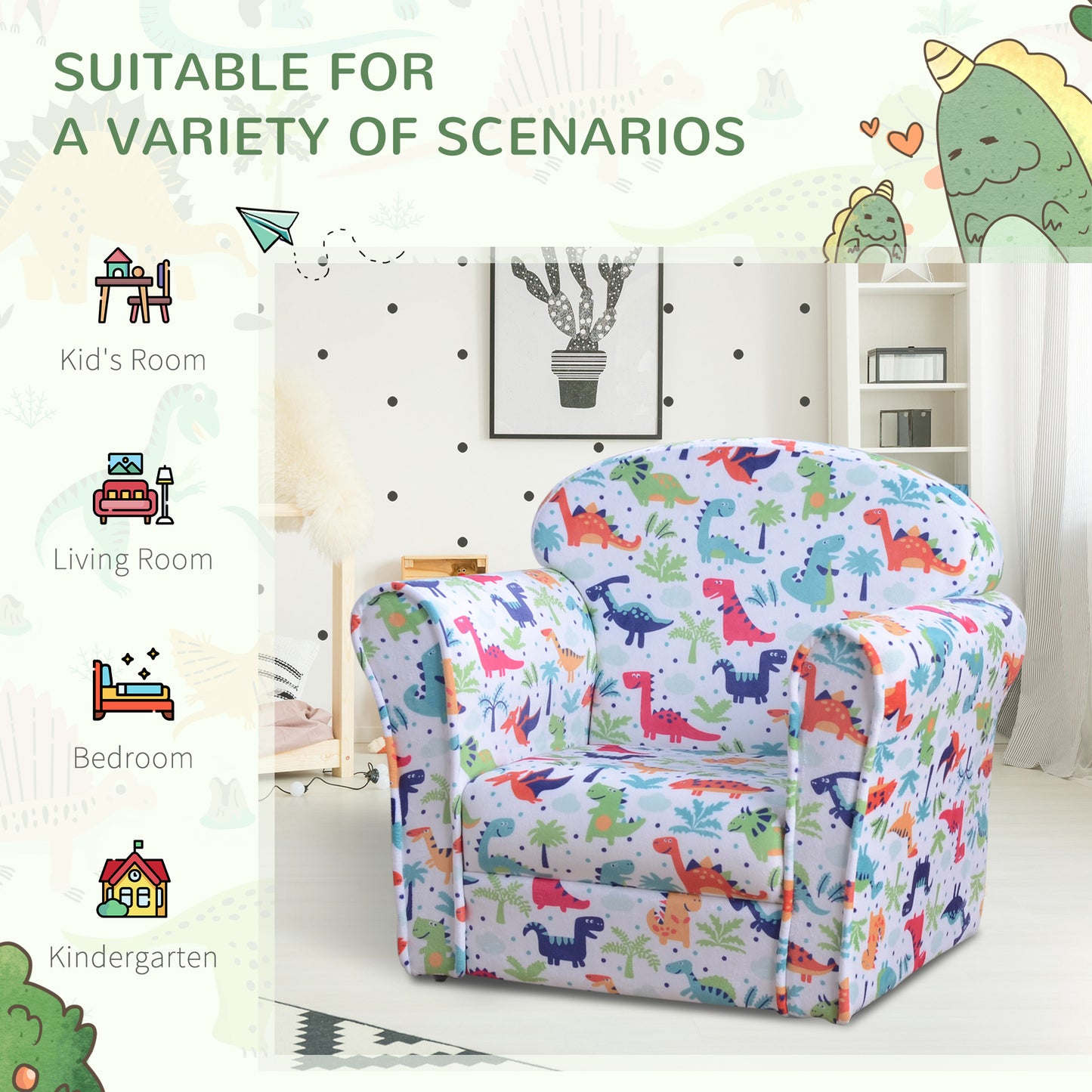 Children's Armchair Flannel Kids Sofa Tub Chair Cartoon Dinosaur