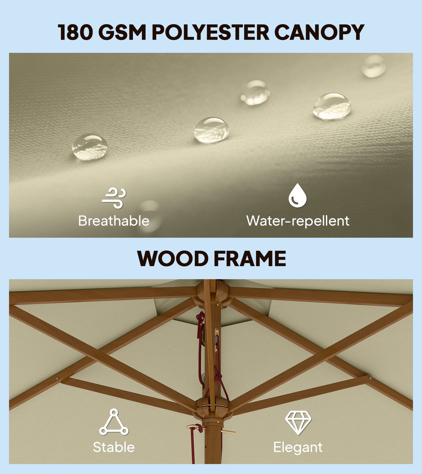2.5m Wood Garden Parasol Sun Shade Patio Outdoor Wooden Umbrella