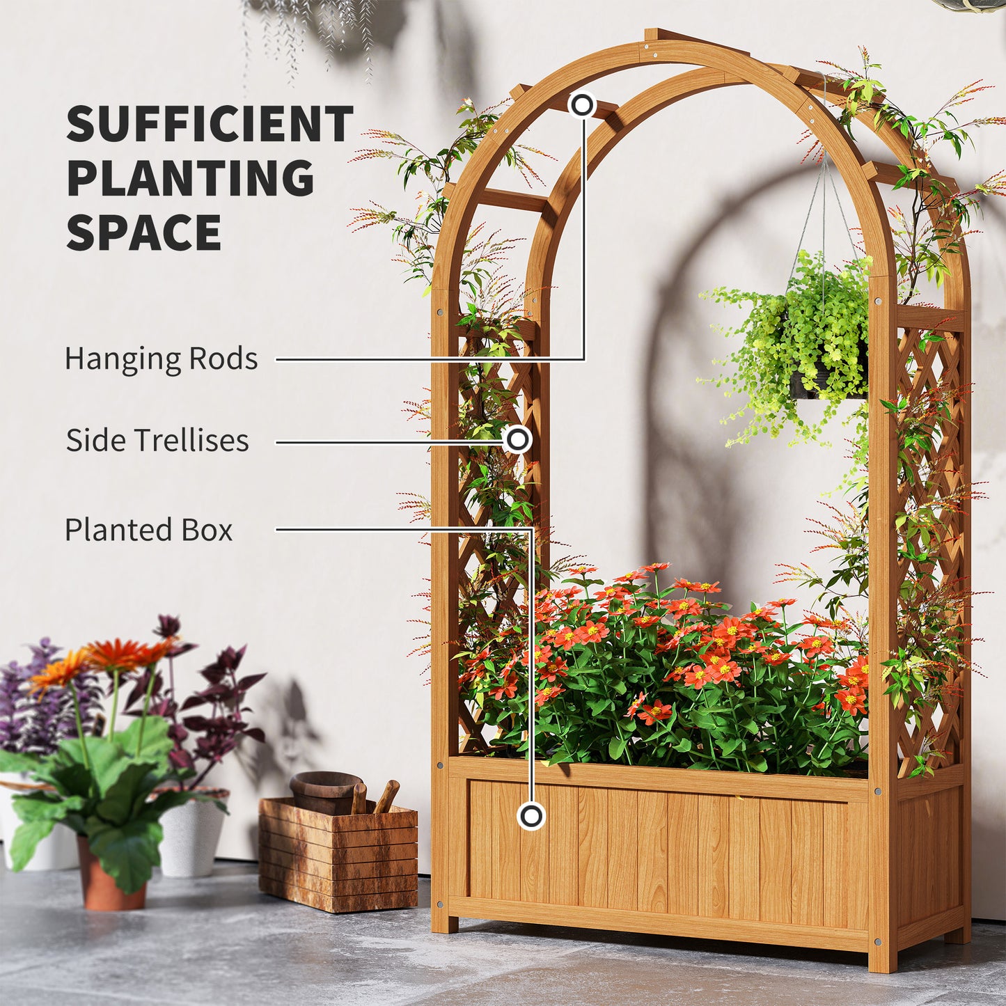 Wooden Raised Garden Bed with Trellis, Liner, Drainage Holes
