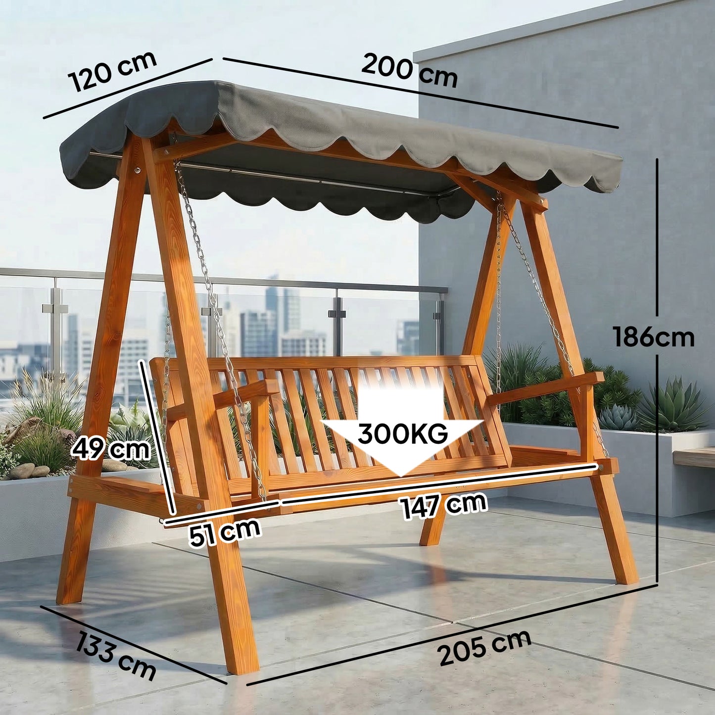 3 Seater Garden Swing Seat with Canopy, Wooden Swing Chair