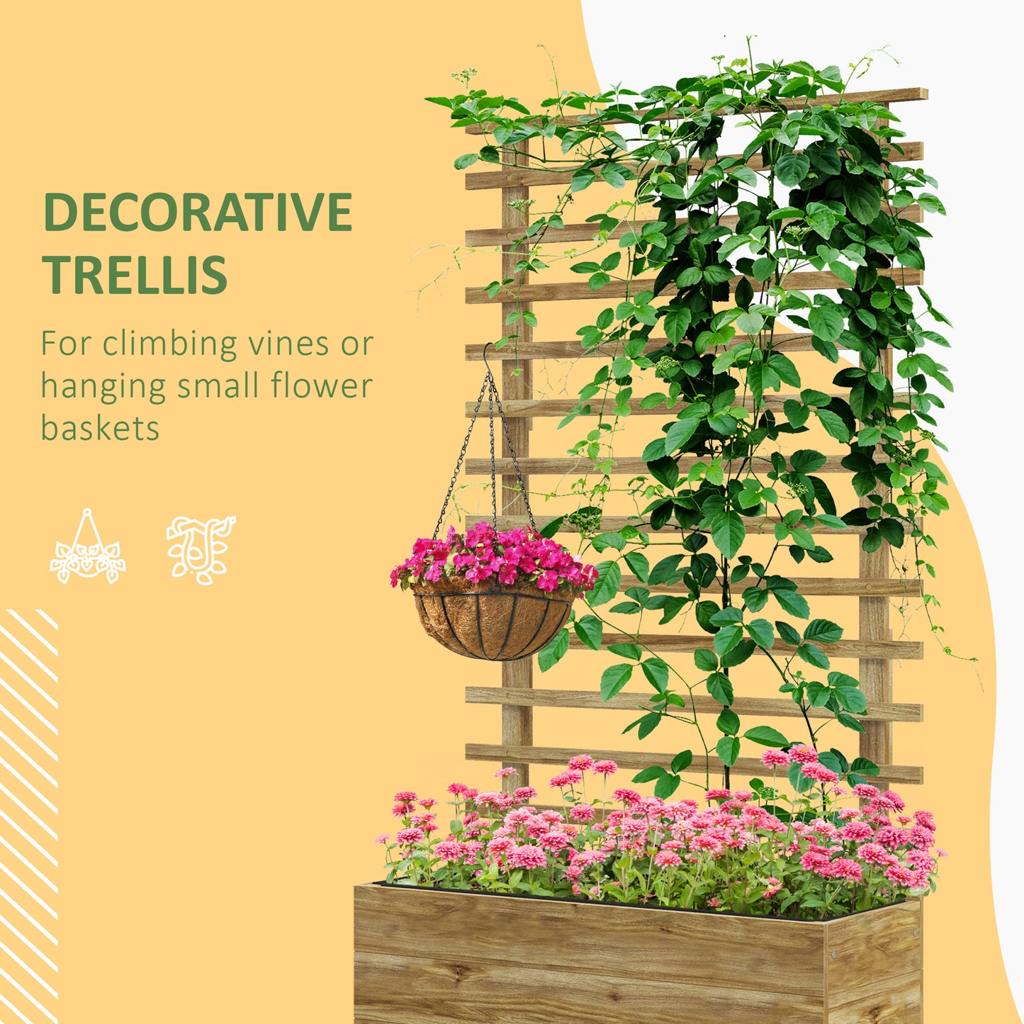 Wooden Raised Planter, with Back Trellis - Natural Finish