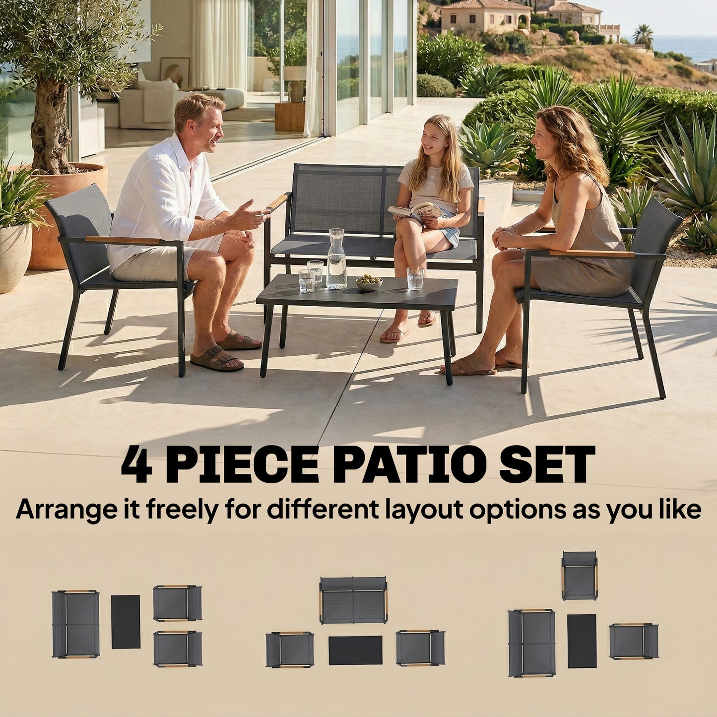 4 Seater Garden Furniture Set with Loveseat, Armchairs, Table