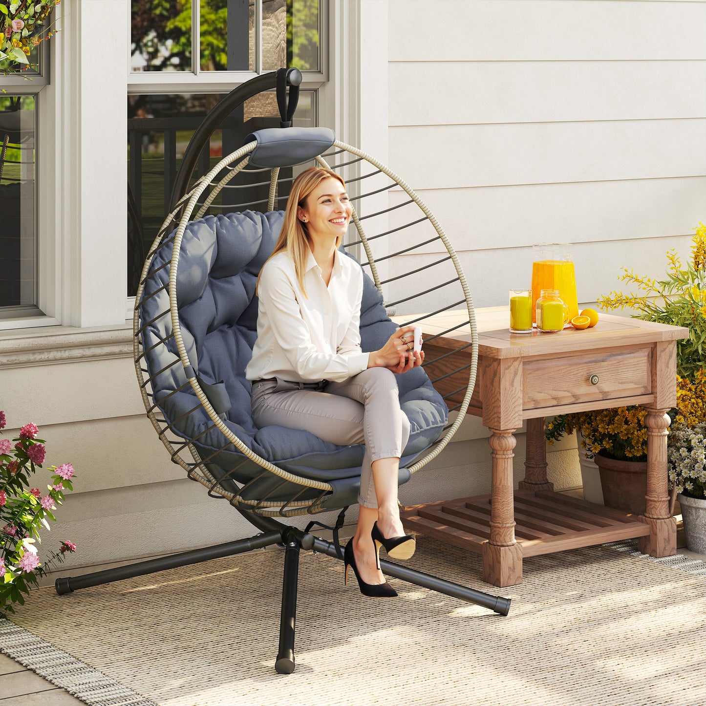 PE Rattan Swing Chair, Outdoor Hanging Chair with Metal Stand