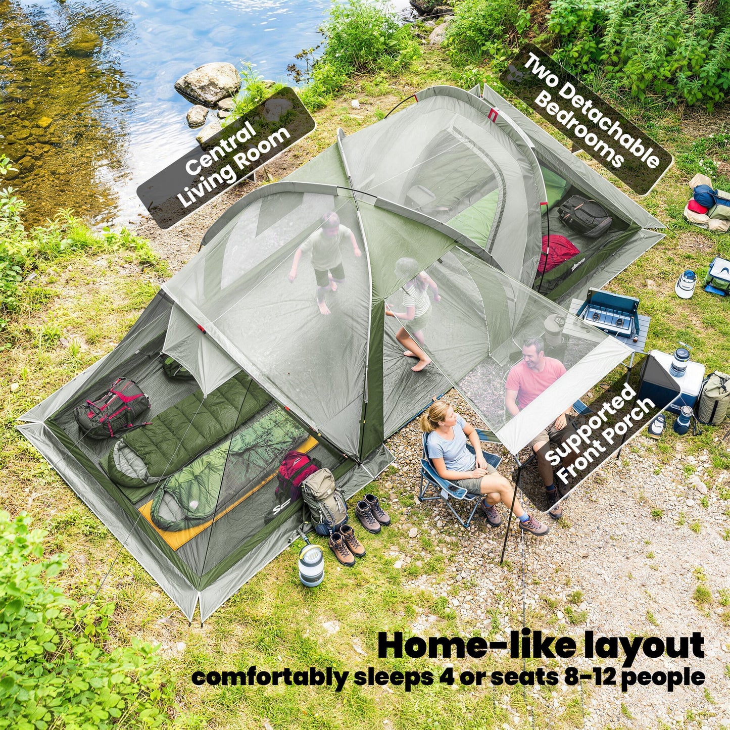 Family Camping Tent 3000mm Waterproof Windproof Tunnel Tent 8-12