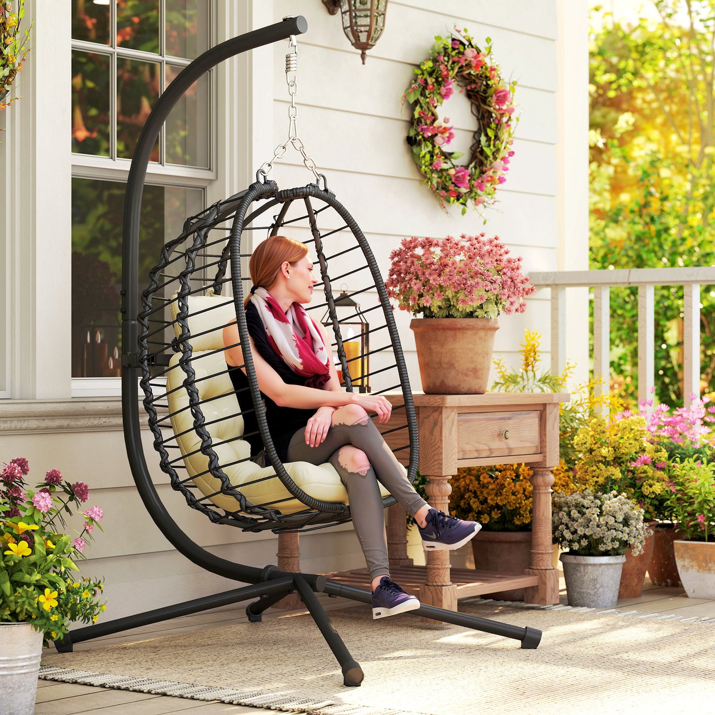 Rattan Hanging Egg Chair, Foldable Wicker Hammock Swing Chair