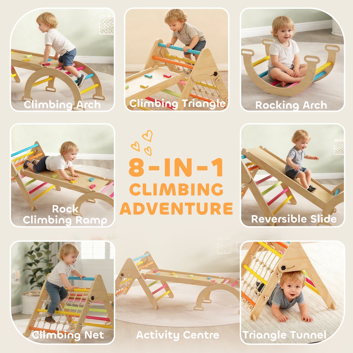 8-in-1 Toddler Climbing Frame, Indoor Play Triangle Set with Slide