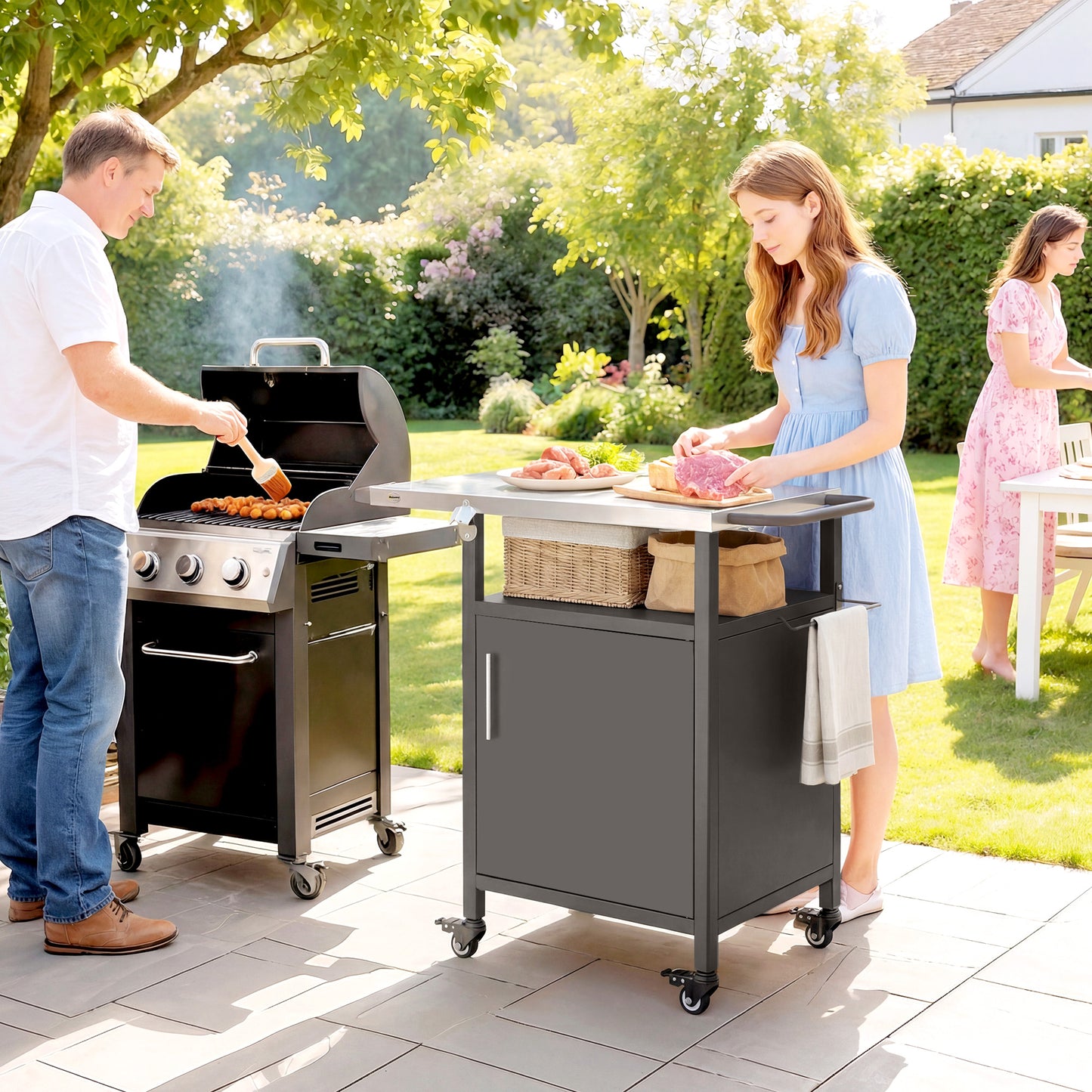 Grill Cart with Stainless Steel Top, Pizza Oven Stand with Cabinet