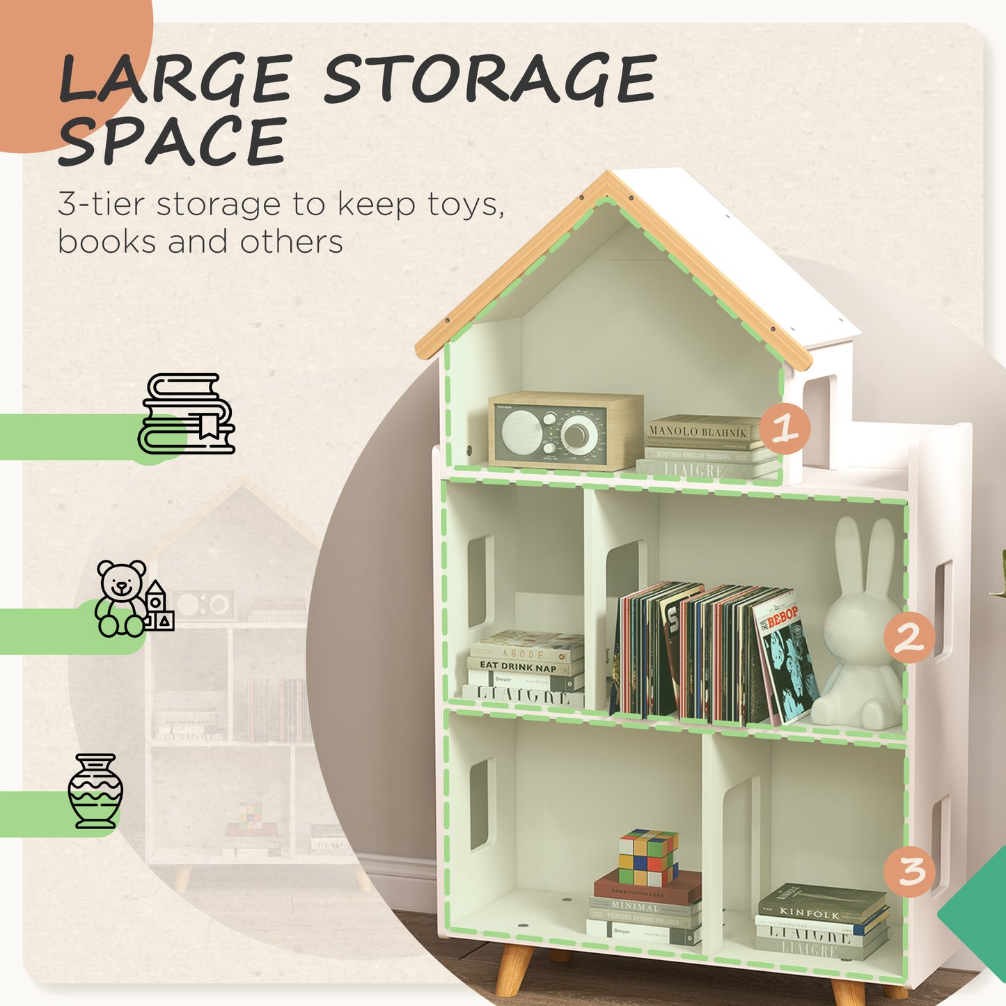 Three-Tier Toy Storage Shelf, Kids Bookcase, with Six Cubes
