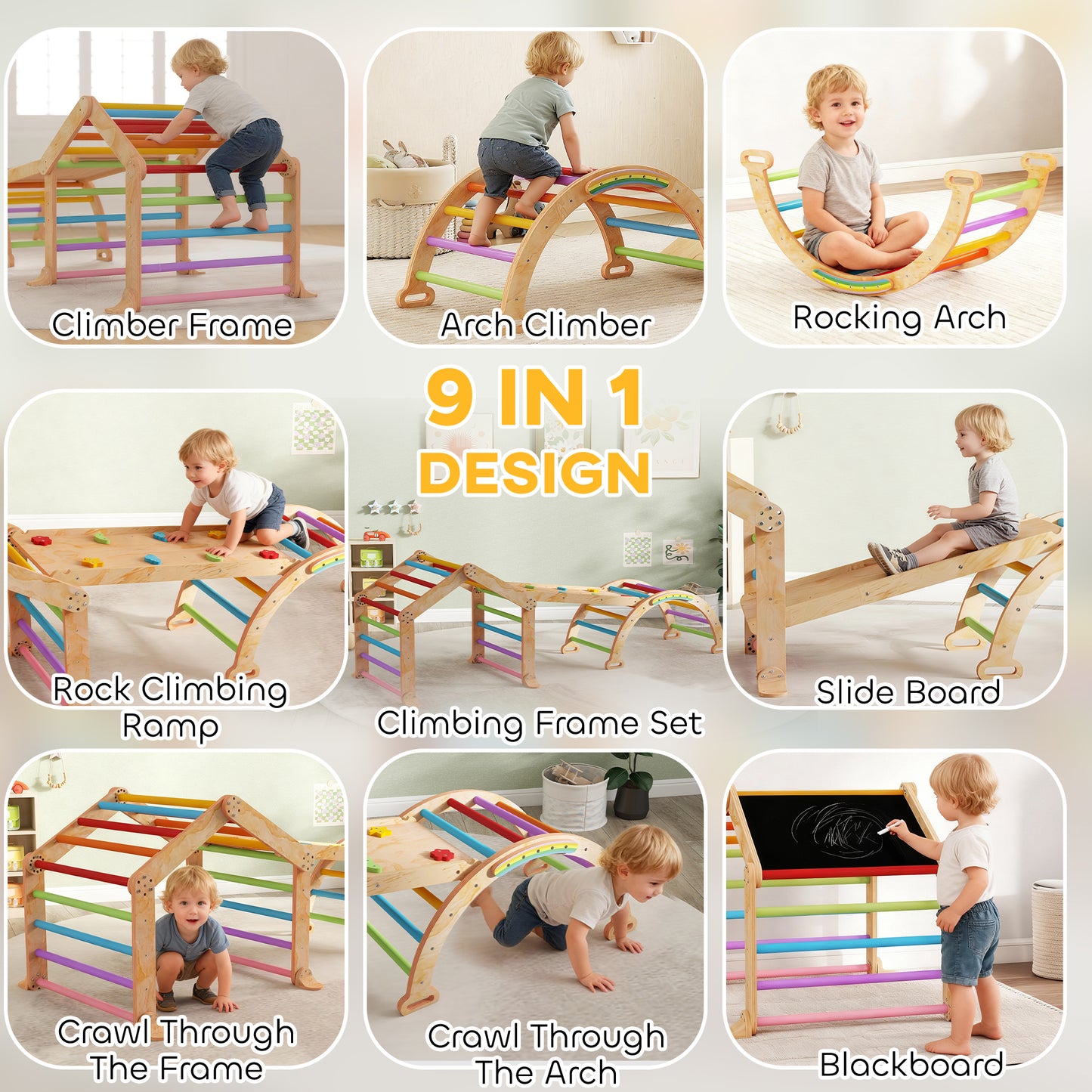 9 in 1 Toddler Climbing Frame with Ramp, Slide, Arch, Ladder