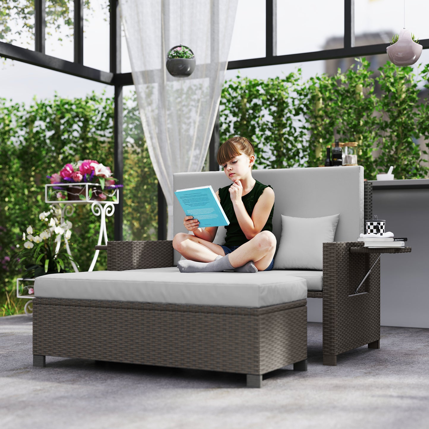 Rattan Day Bed, with Footstool