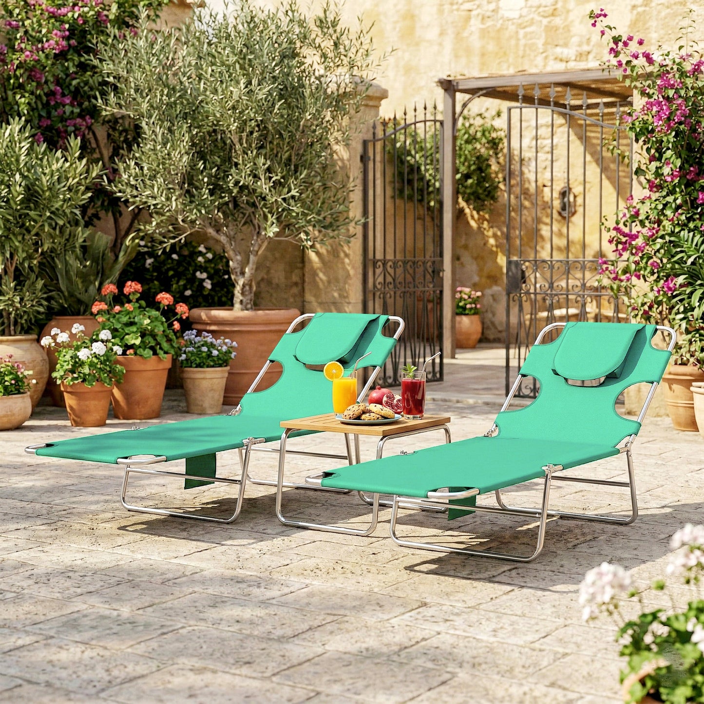 5-Position Adjustable Sun Loungers Set of 2 with Reading Hole
