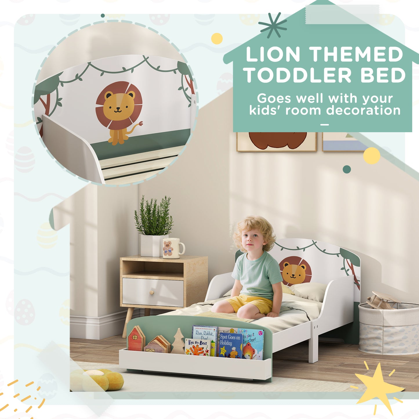 Toddler Bed with Storage, Guardrails, Lion Design