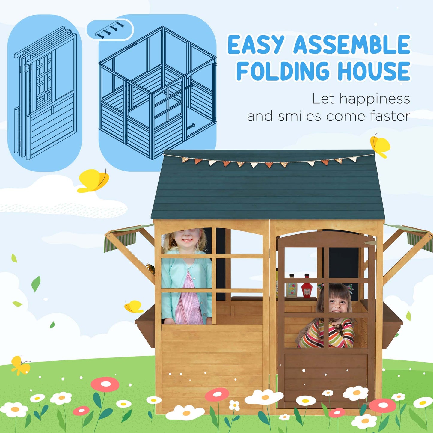 Wooden Playhouse for Kids, Foldable Wendy House with Windows