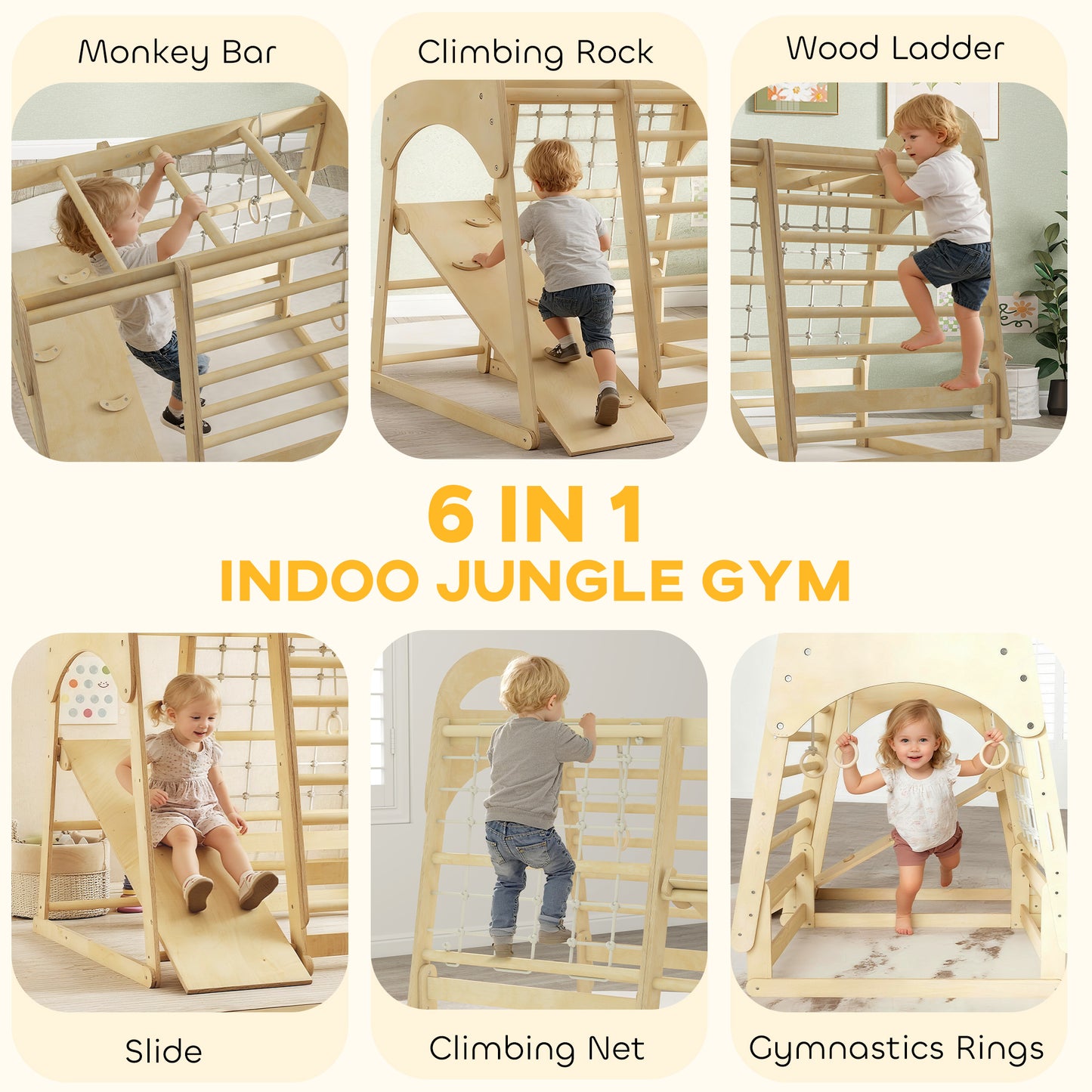 6 in 1 Kids Climbing Frame with Slide, Monkey Bars, Gymnastics Rings