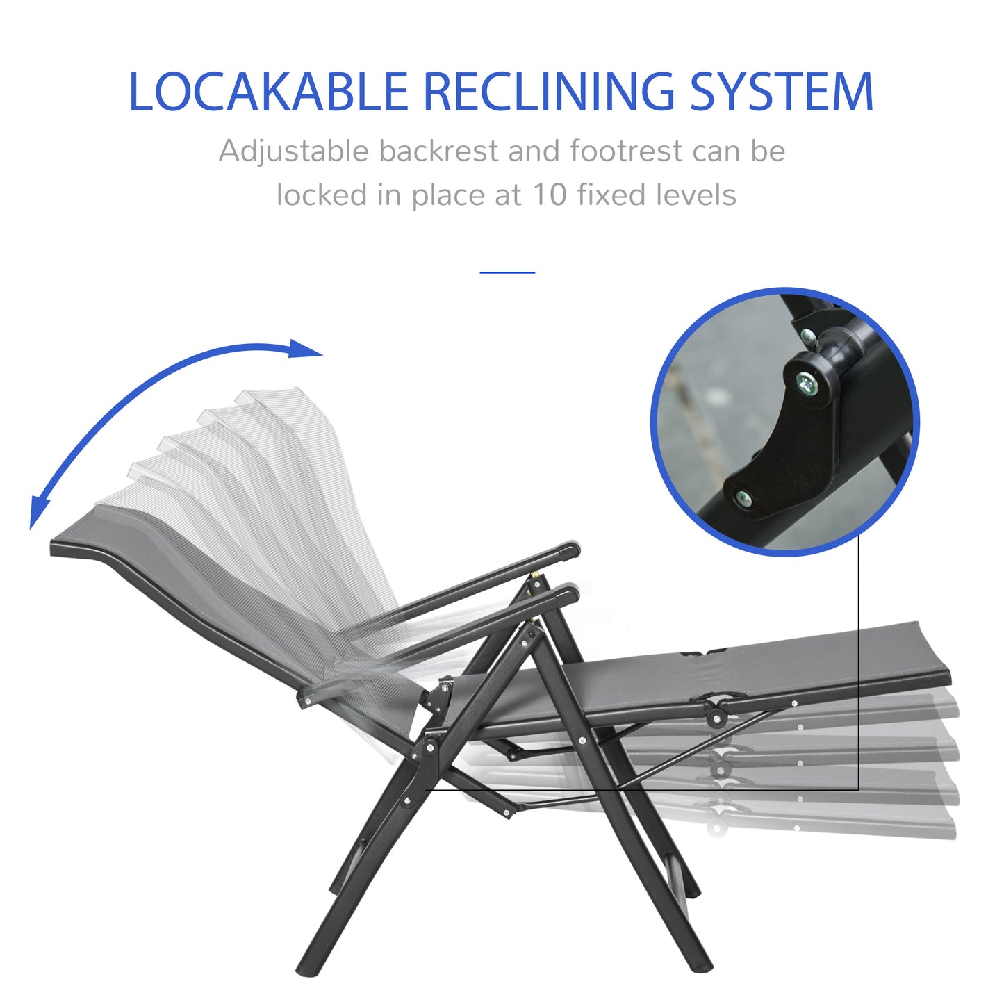 Set of 2 Outdoor Sun Lounger 10-Position Adjustable Texteline