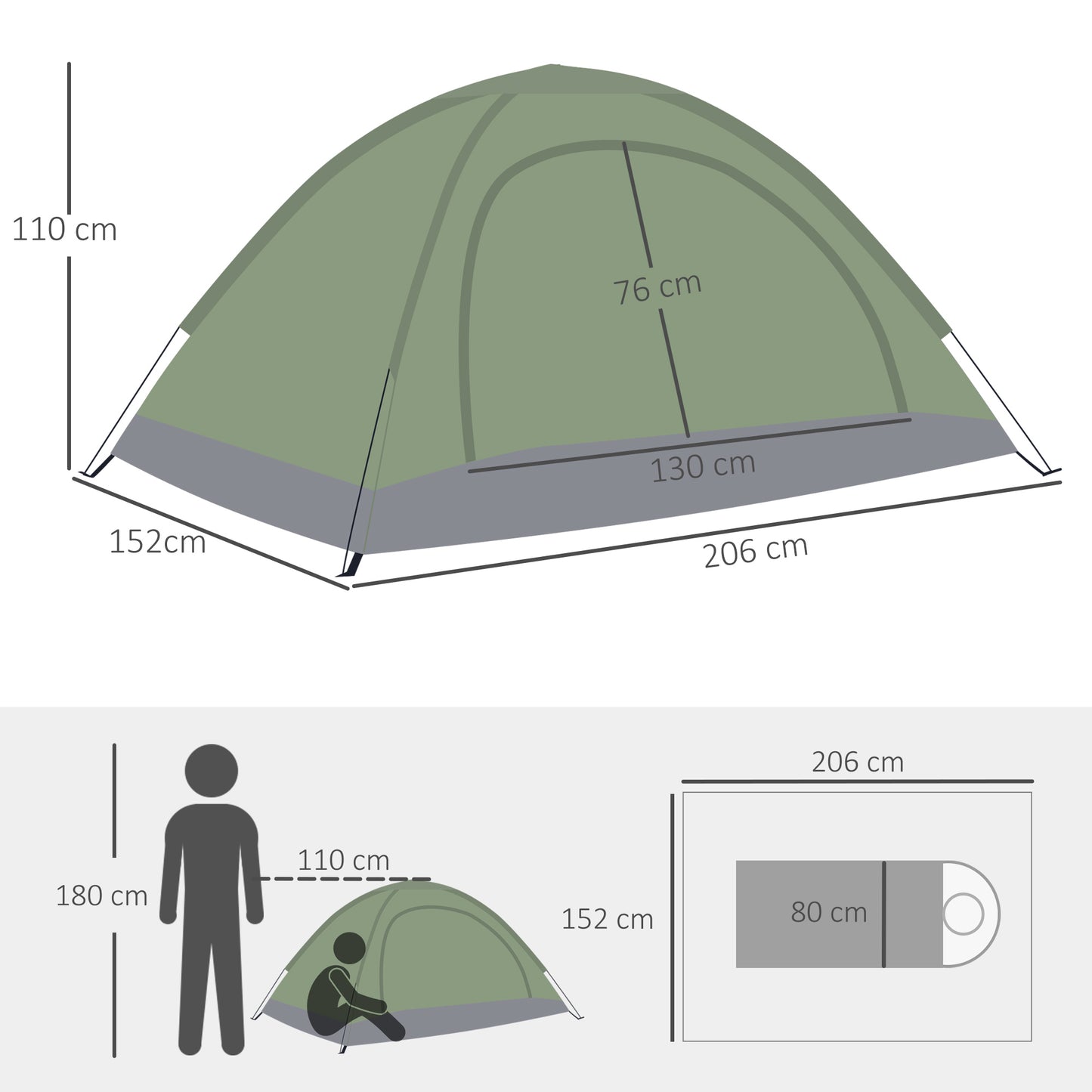 2 Person Camping Tent, Dome Tent with Zipped Doors, Storage Pocket