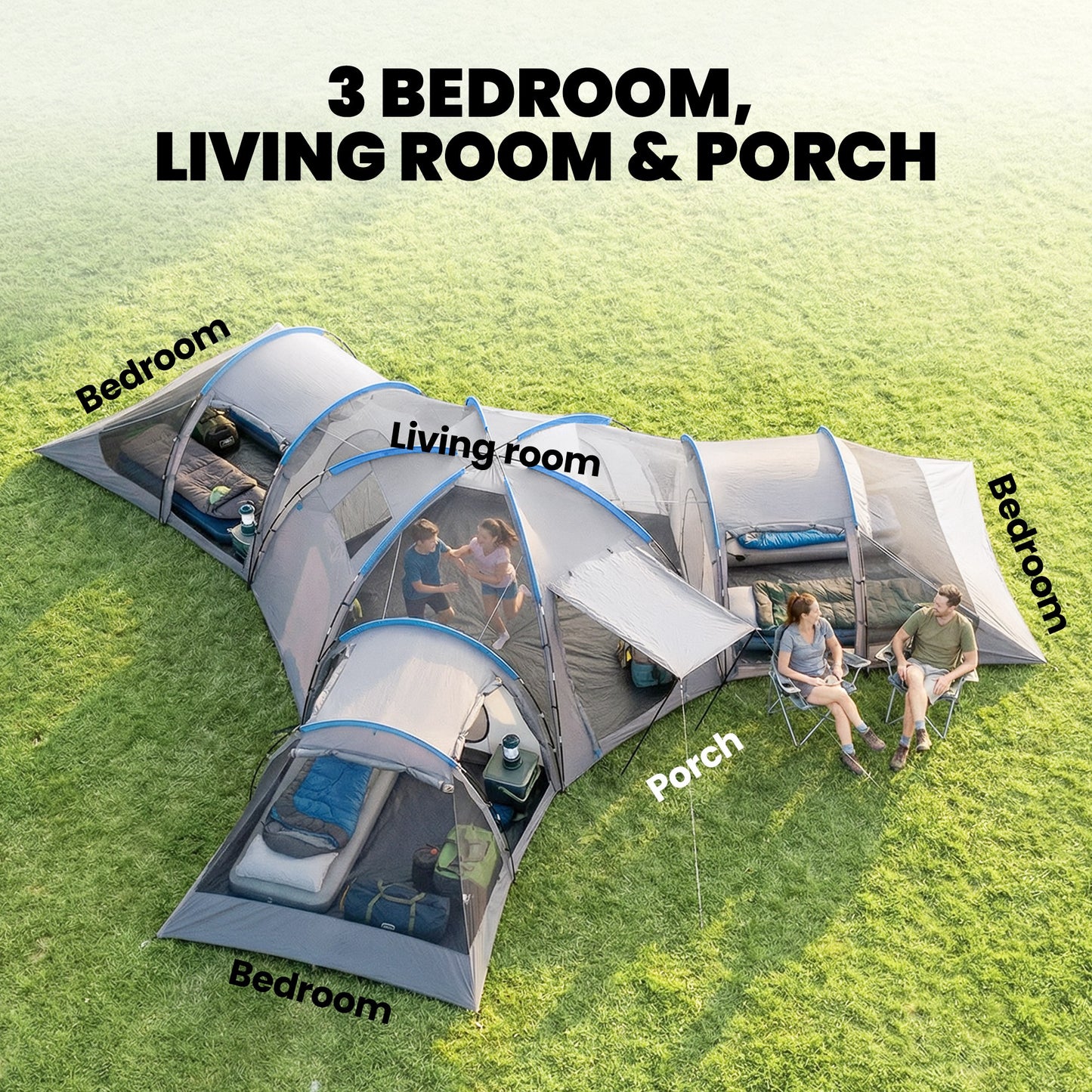 6-9 Man Large Tunnel Tent with 3 Bedrooms, Living Area and Porch