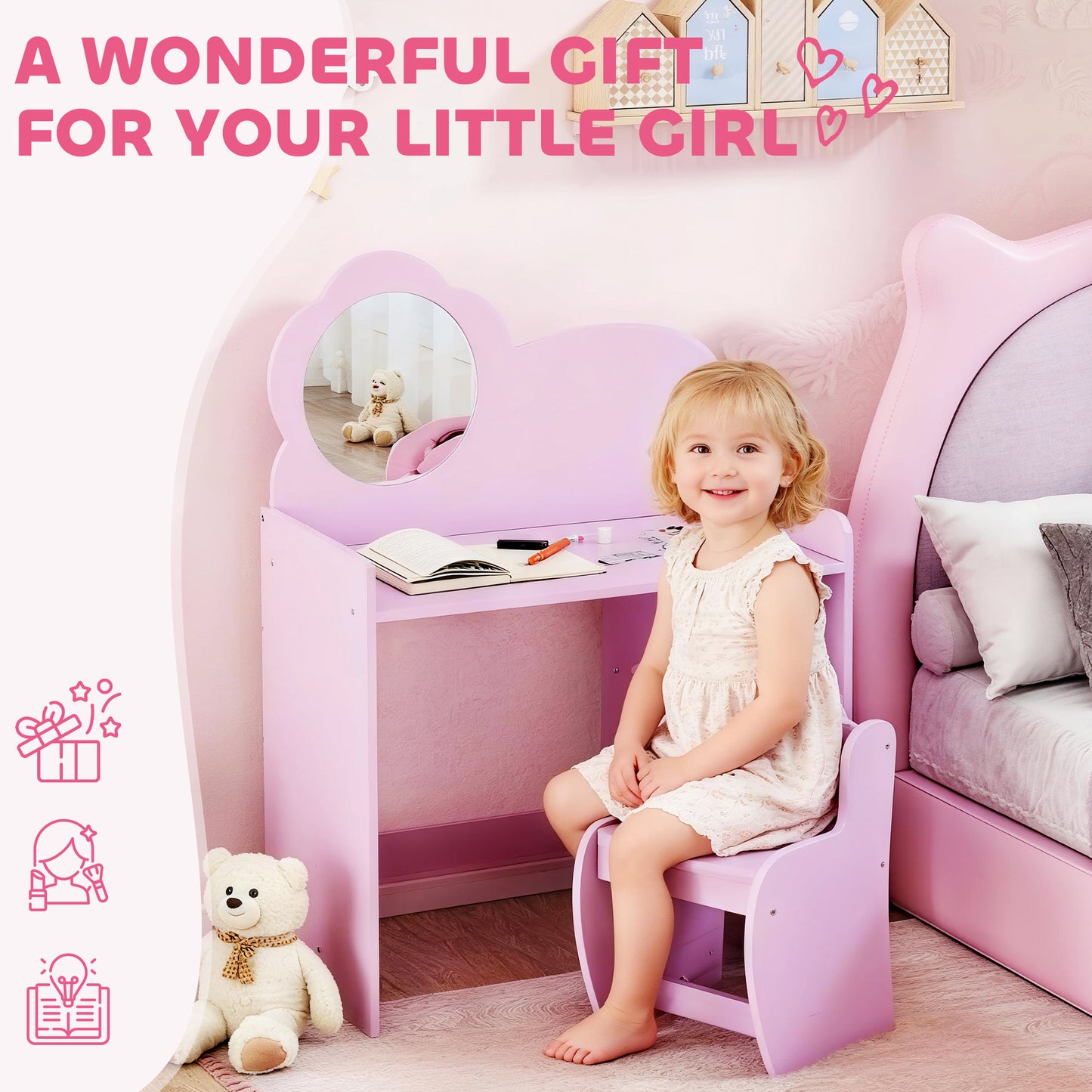 Kids Dressing Table with Mirror, Stool