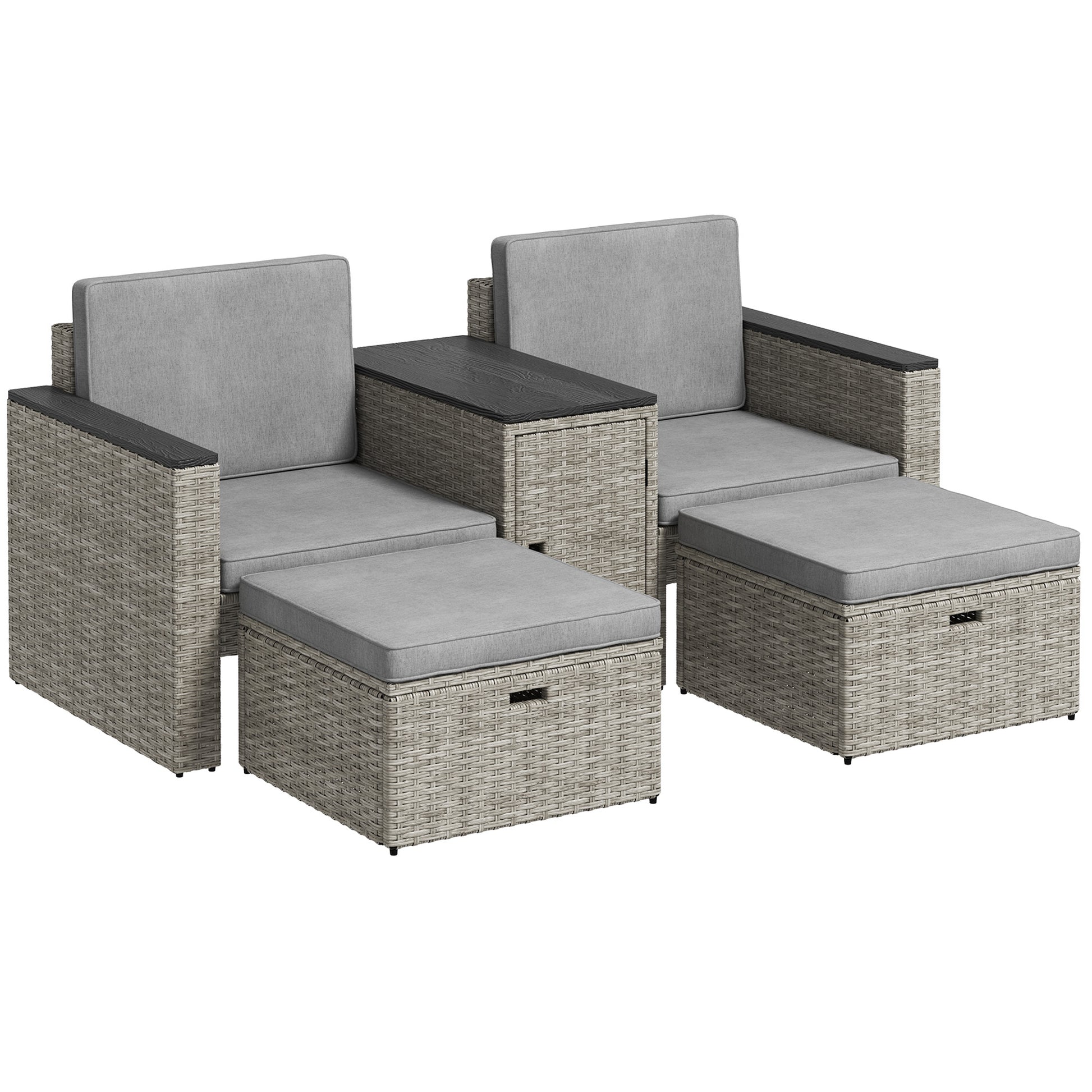 5 Piece Rattan Garden Furniture Set with Storage Table, Footstools