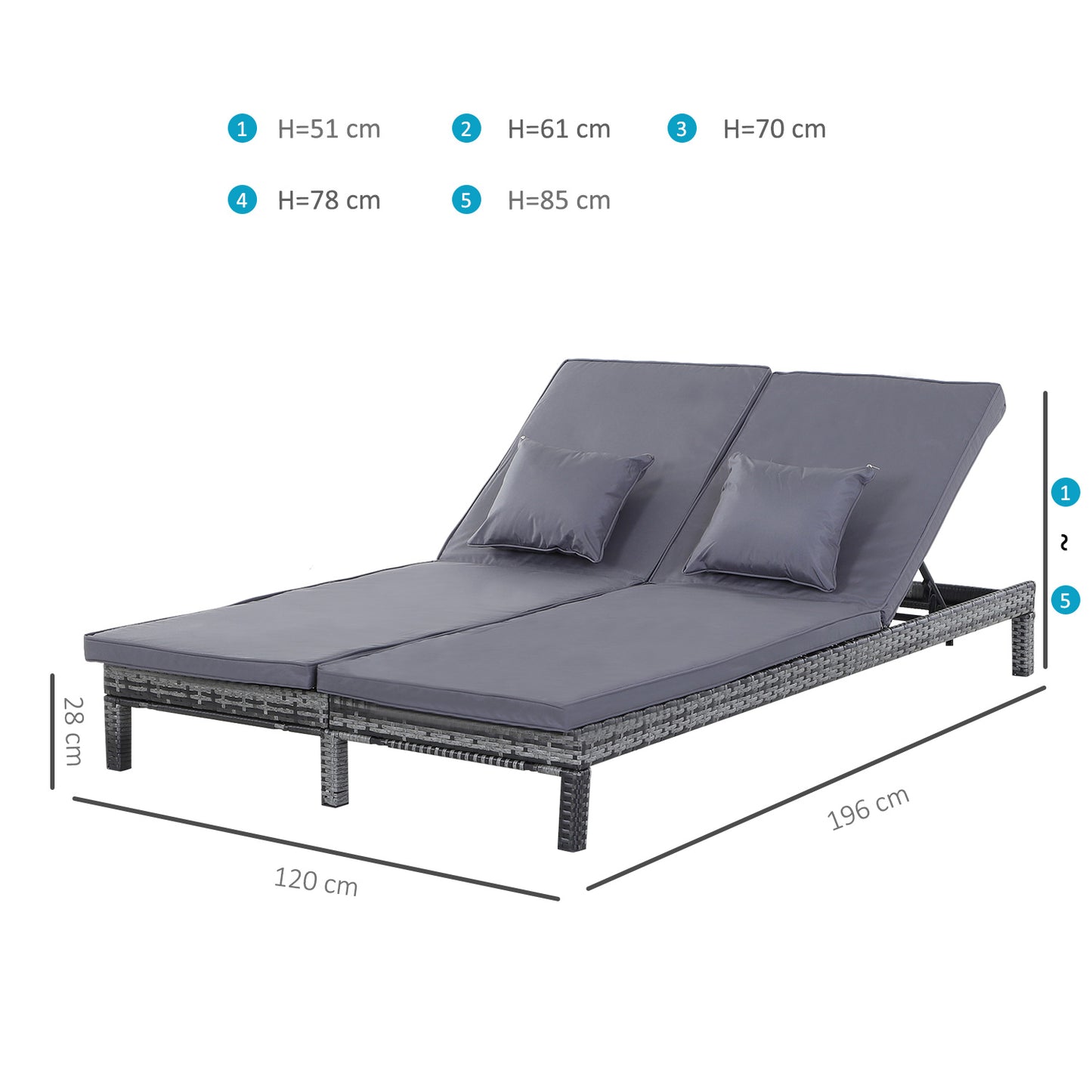 2 Seater Rattan Lounger Adjustable Double Chaise Chair Loveseat w/