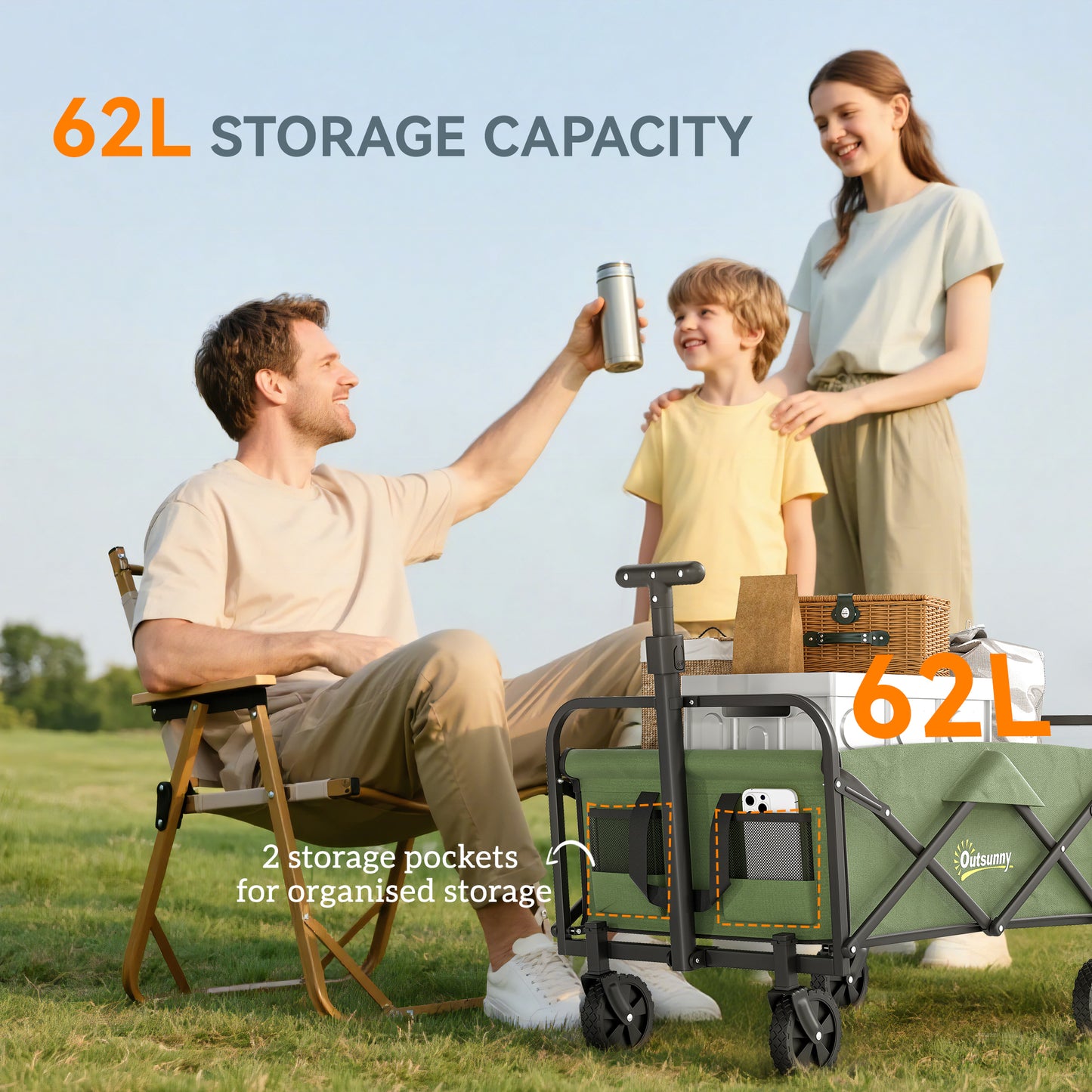 62L Festival Trolley on Wheels, Garden Folding Trolley Cart