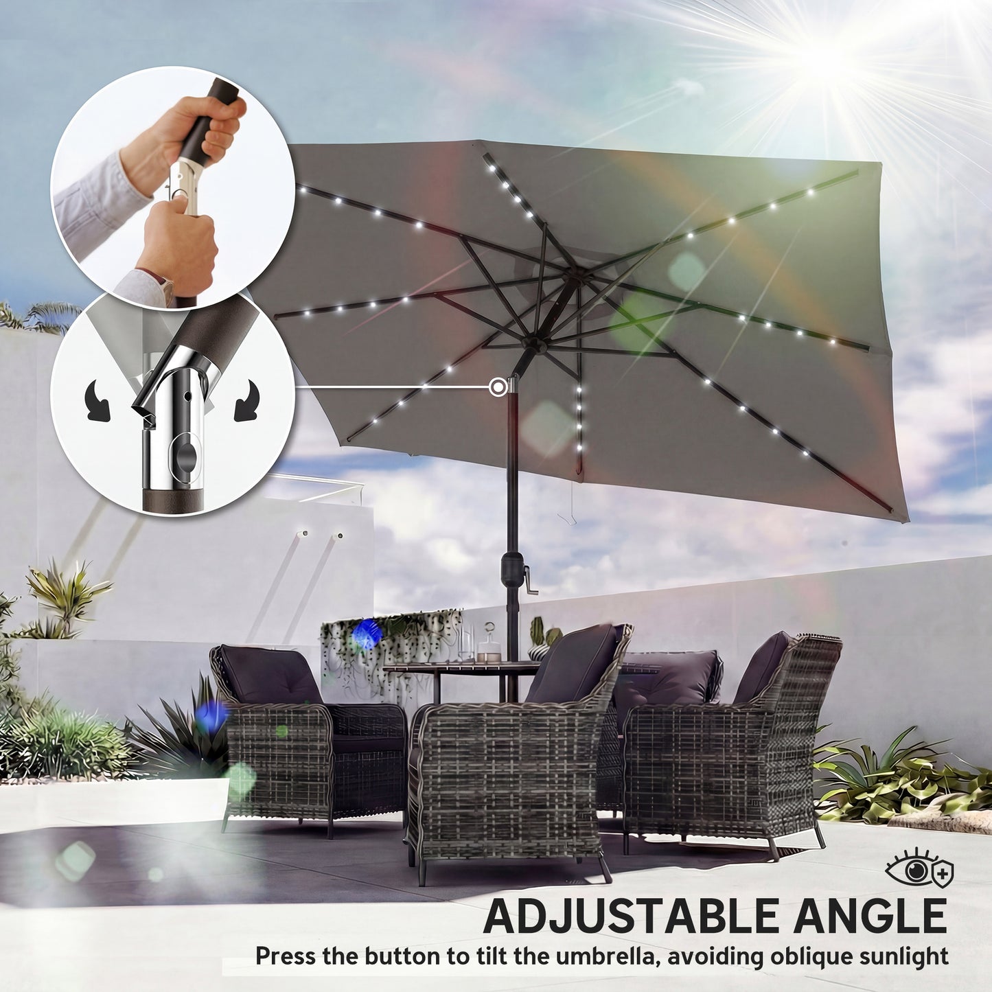 3 x 2 m Garden Parasol Umbrella with LED Solar Light, Parasol Cover