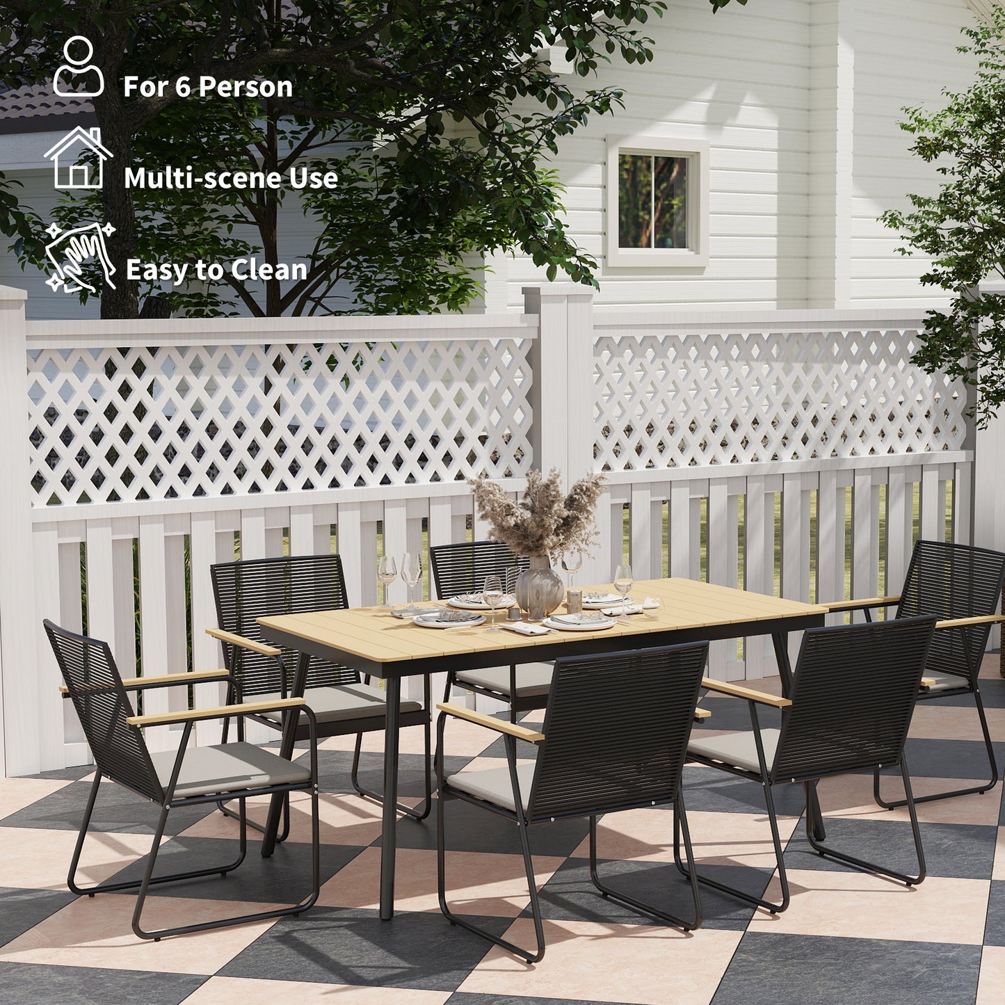 6 Seater Garden Dining Set with Soft Cushions, Rattan Backrest (1)
