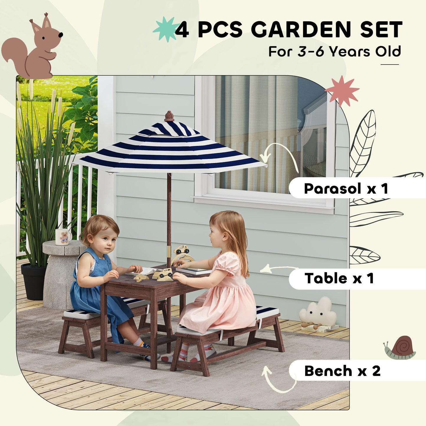 Outdoor Wooden Kids Picnic Table & Bench Set with Cushions