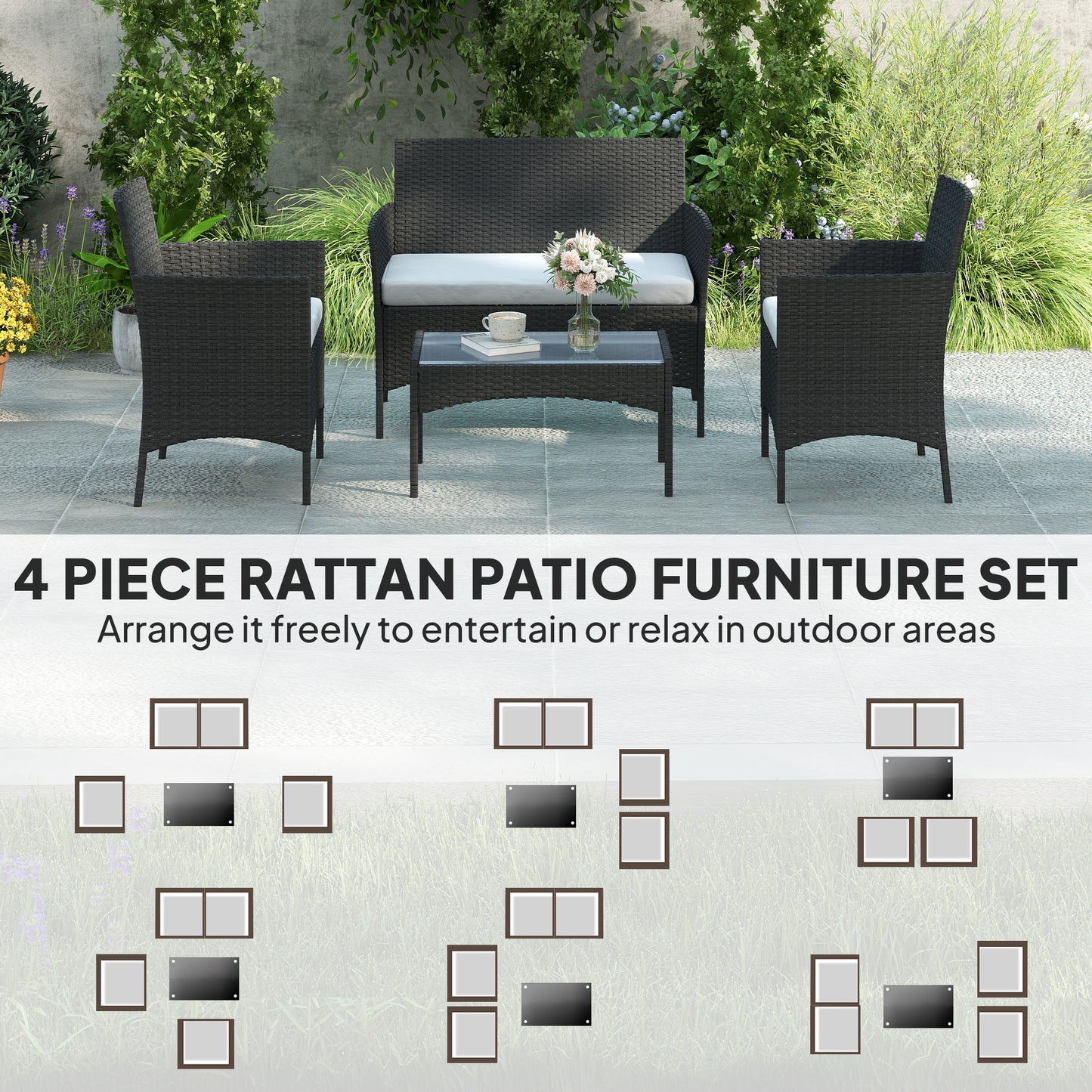 4 Piece Rattan Garden Furniture Sofa Set with Loveseat, Armchairs