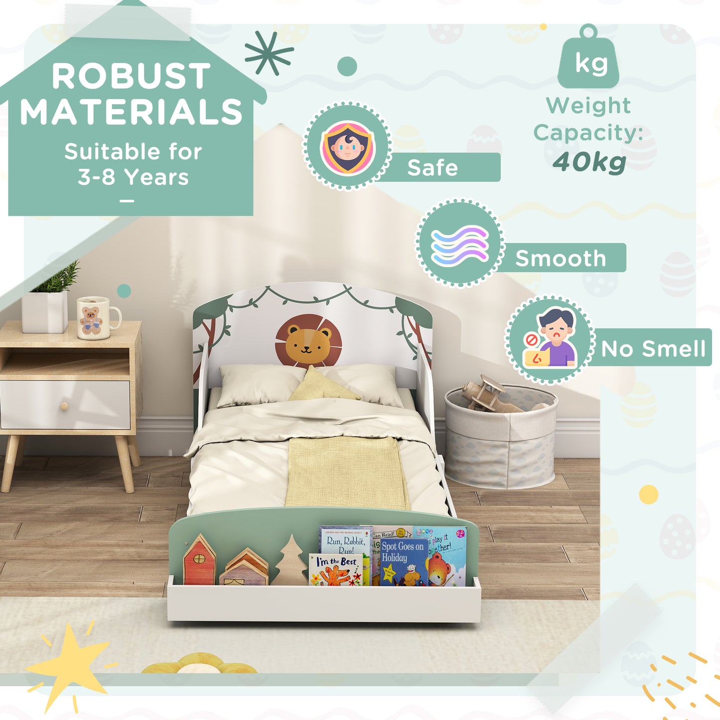 Toddler Bed with Storage, Guardrails, Lion Design