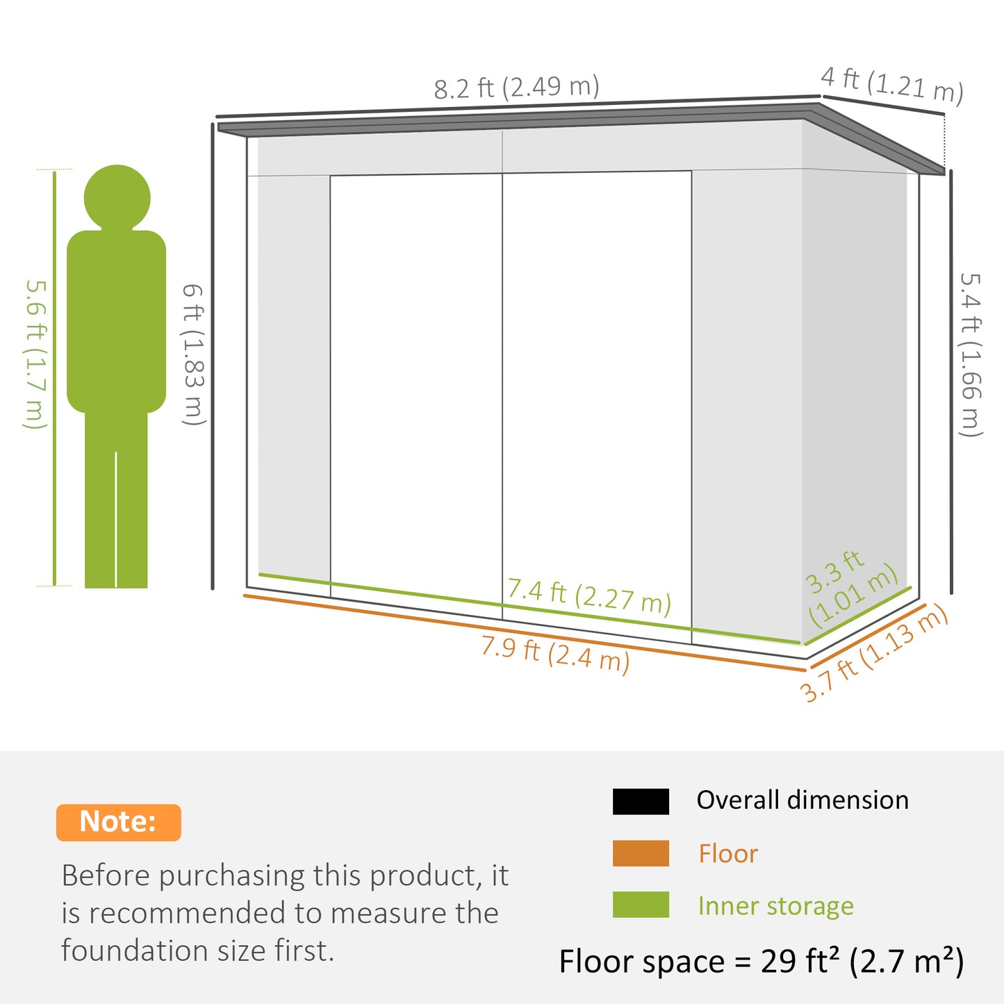 3.7 x 7.9ft Galvanised Steel Shed, with Latched Door and Padlock