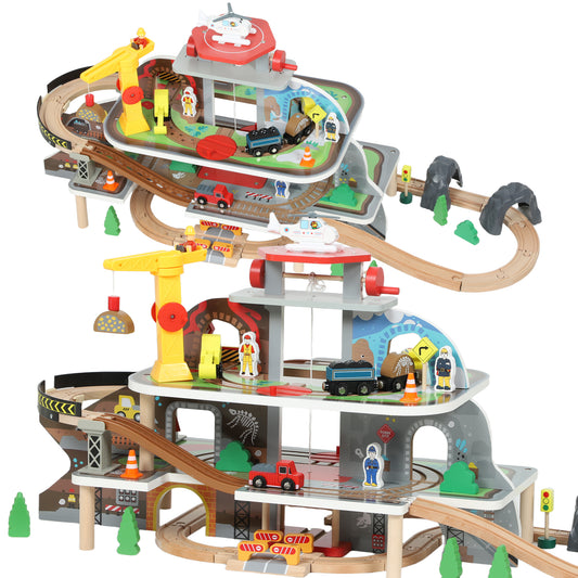 79 Piece Wooden Train Set, Kids Train Track Mine Themed with Crane