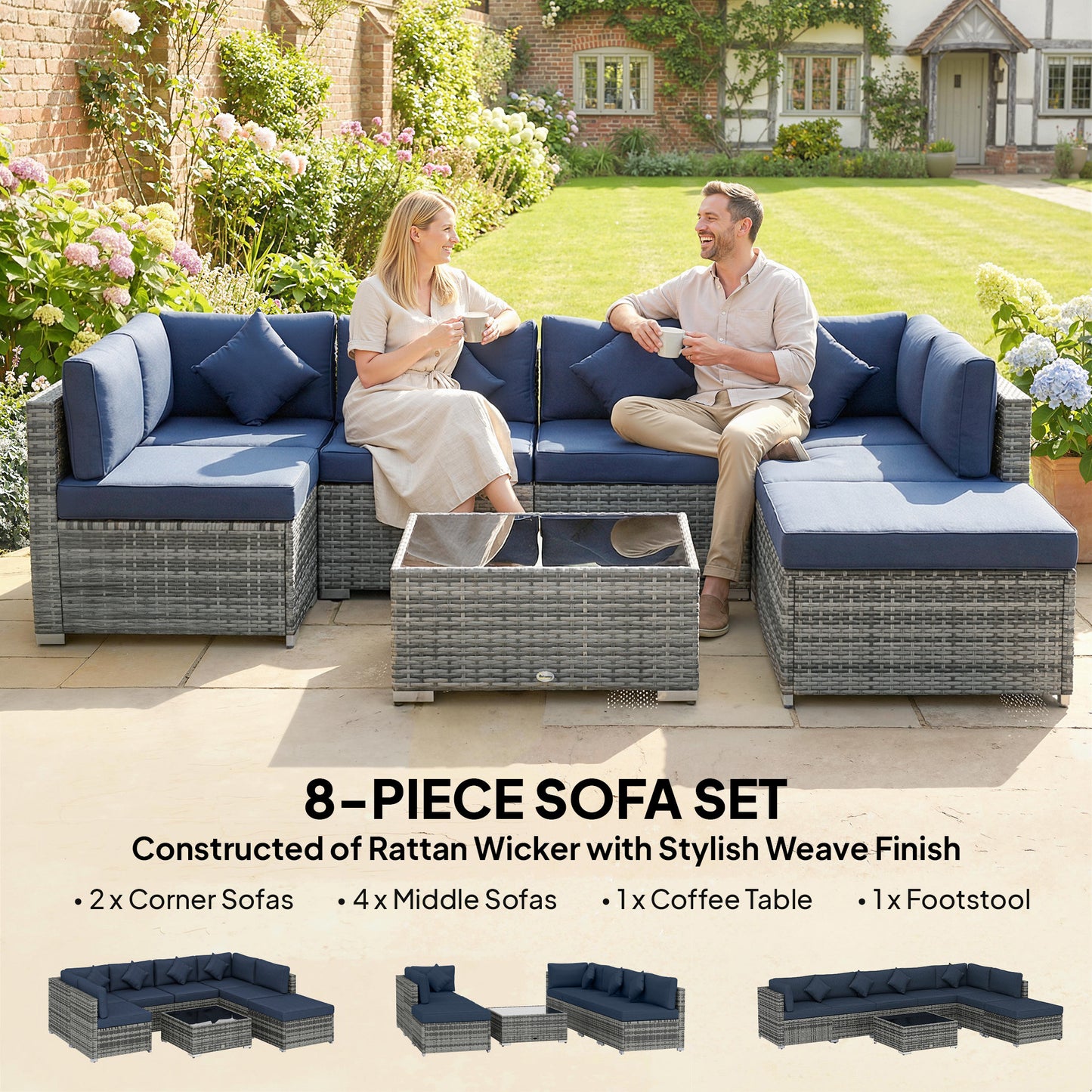 8 Pieces PE Rattan Corner Sofa Set, Outdoor Garden Furniture Set (1)