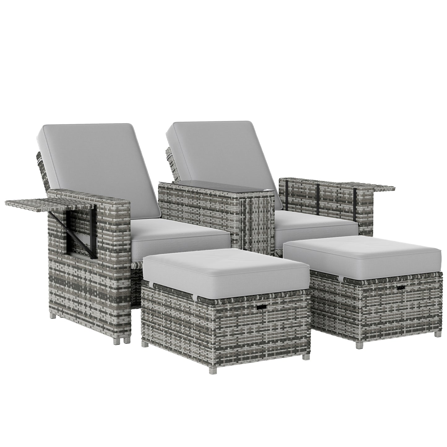 Rattan Sun Lounger w/ Storage Tea Table & Footstools