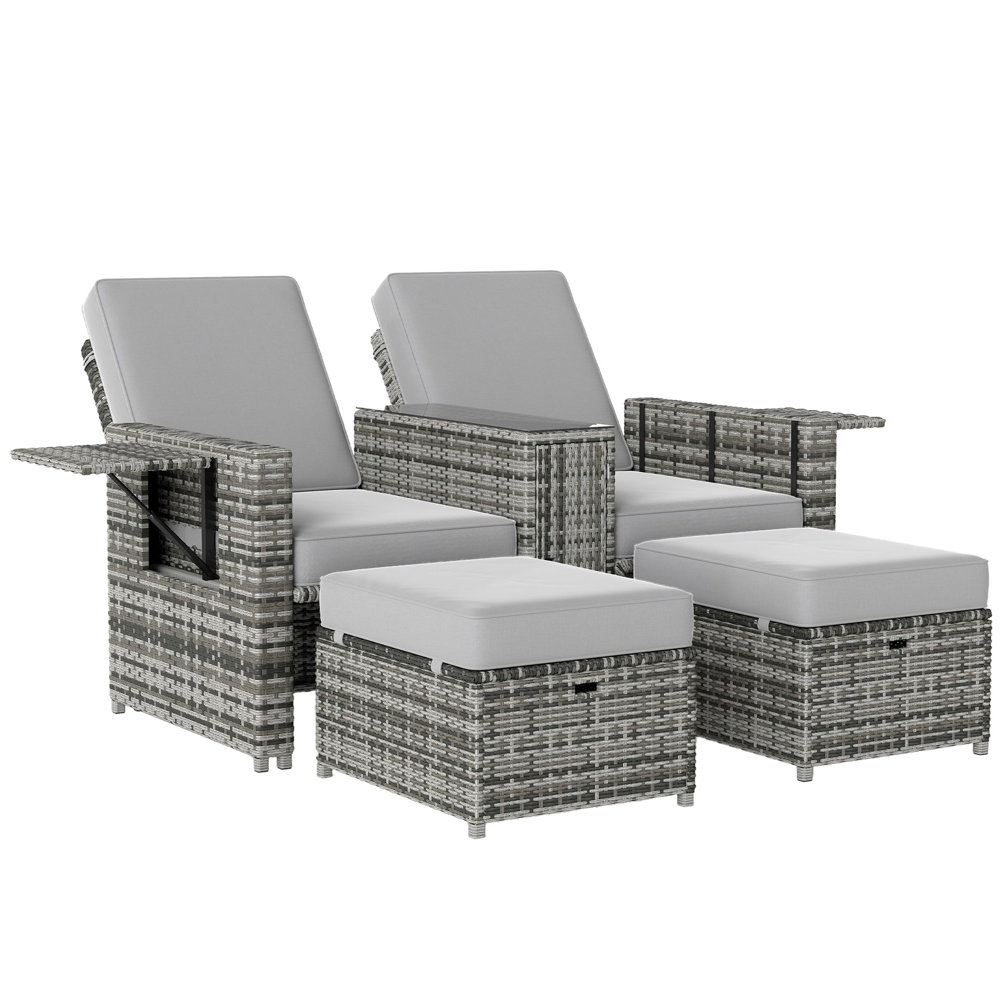 Rattan Sun Lounger w/ Storage Tea Table & Footstools