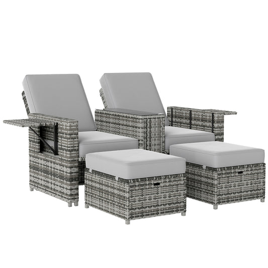 Rattan Sun Lounger w/ Storage Tea Table & Footstools